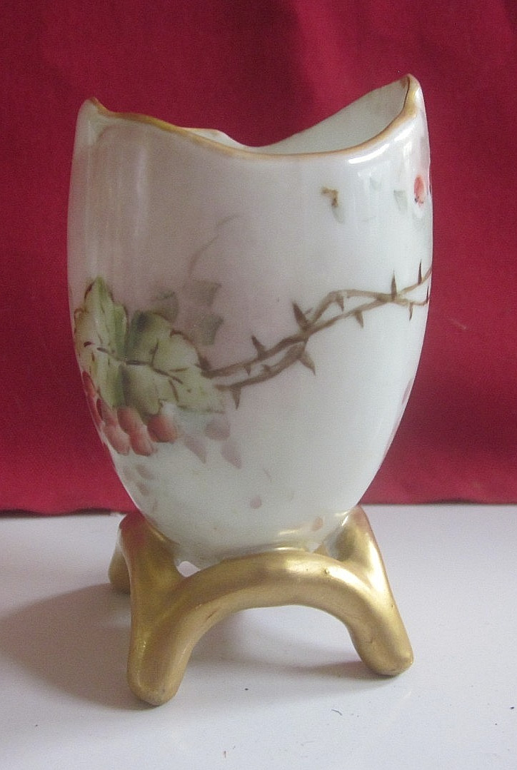 Antique Bavarian porcelain gold footed hand painted berries egg cup unusual