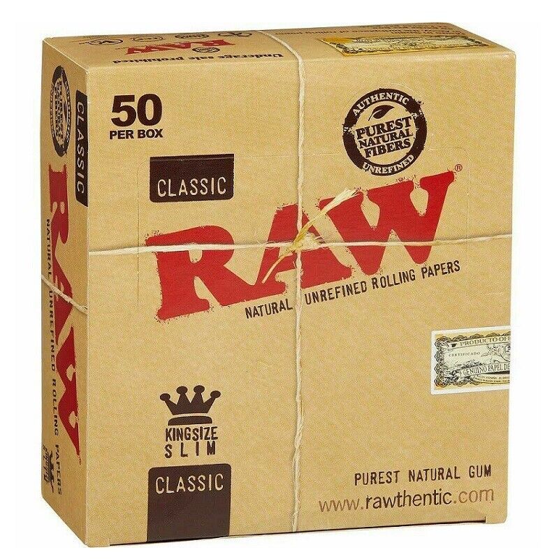 Raw Classic King Size Slim Rolling Paper Full Box 50 pack, 32 Per Pack 