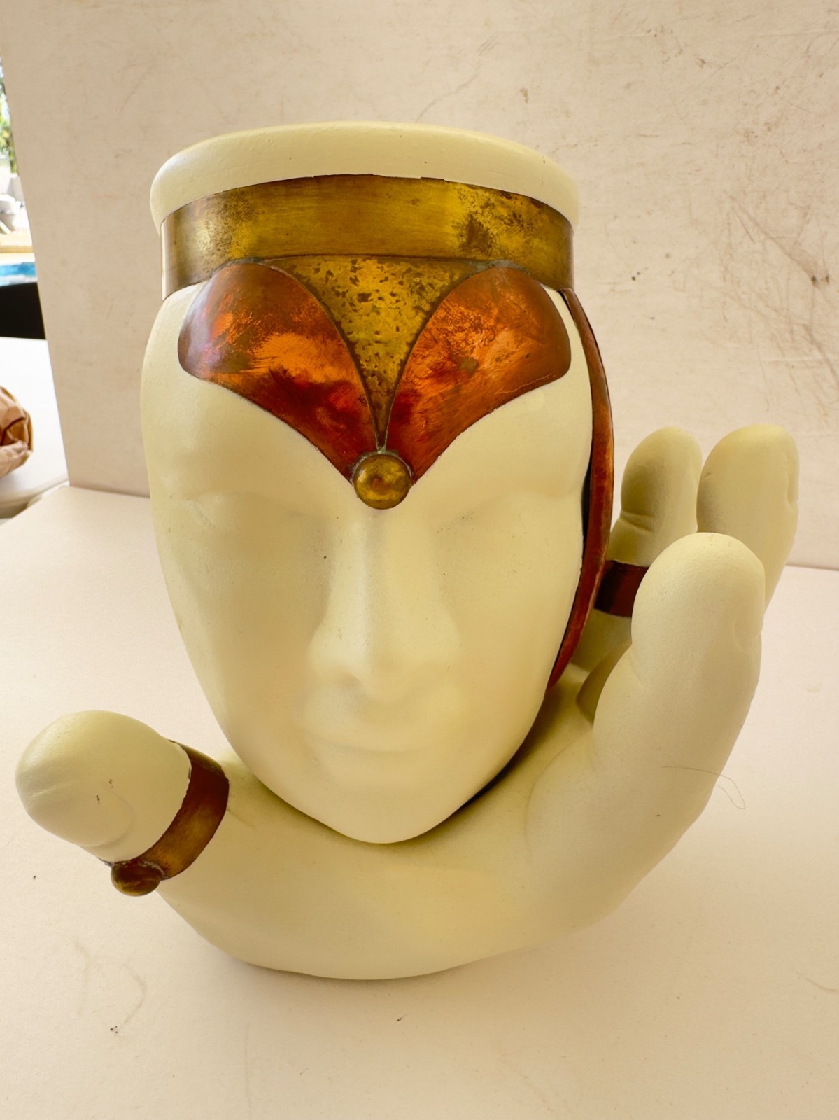 Vintage Postmodern Art Deco Revival Face & Hand Sculpture