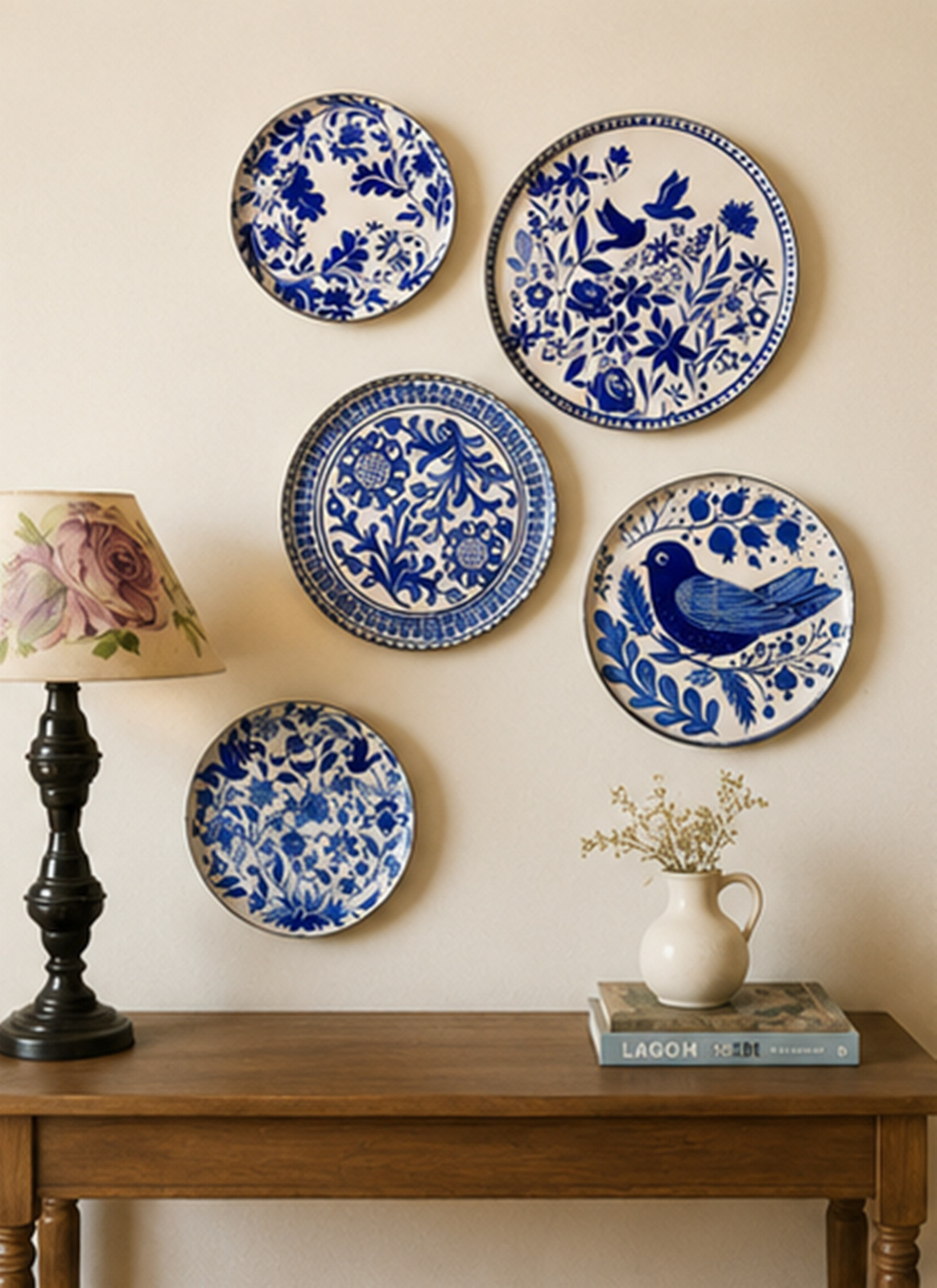 Blue and White Decorative Wall Plates Set of 5, Vintage Botanical & Bird Ceramic Blue and White Decorative Wall Plates Set of 5, Vintage Botanical & Bird Ceramic