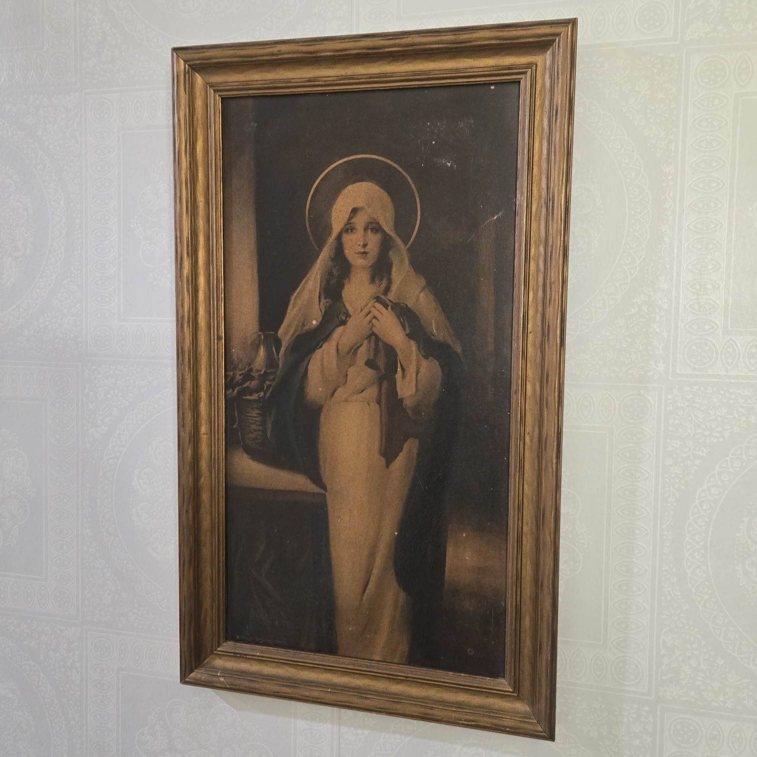 Vtg Madonna of the Sacred Coat Framed Print by C. Bosseron Chambers 12"x20.5"