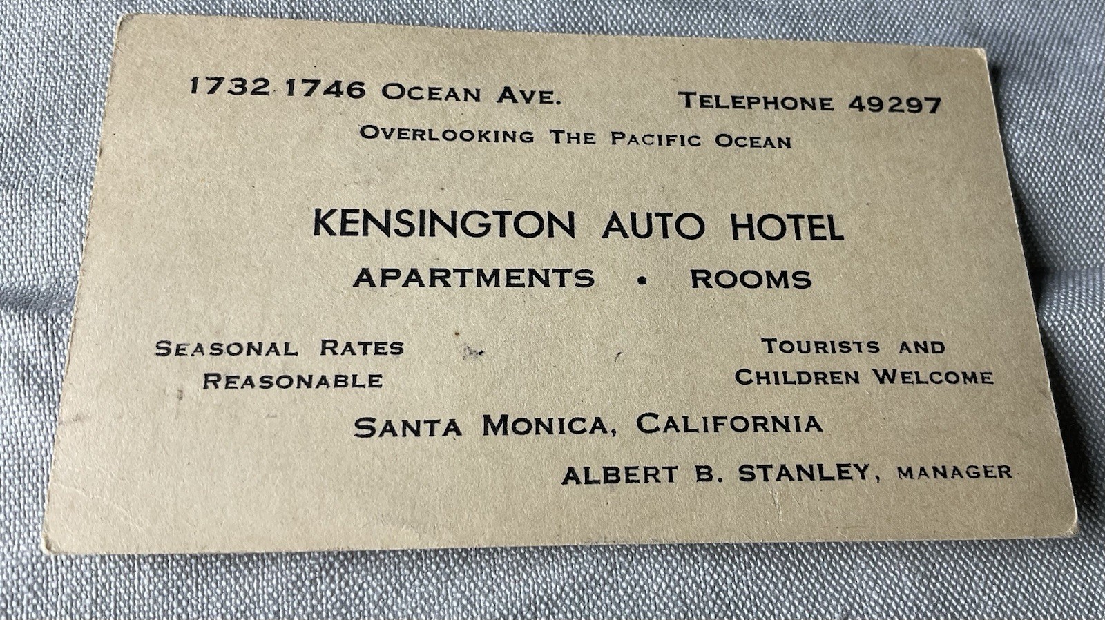 Vintage California Business Card “Kensington Auto Hotel Santa Monica Stanley Mgr Vintage California Business Card “Kensington Auto Hotel Santa Monica Stanley Mgr