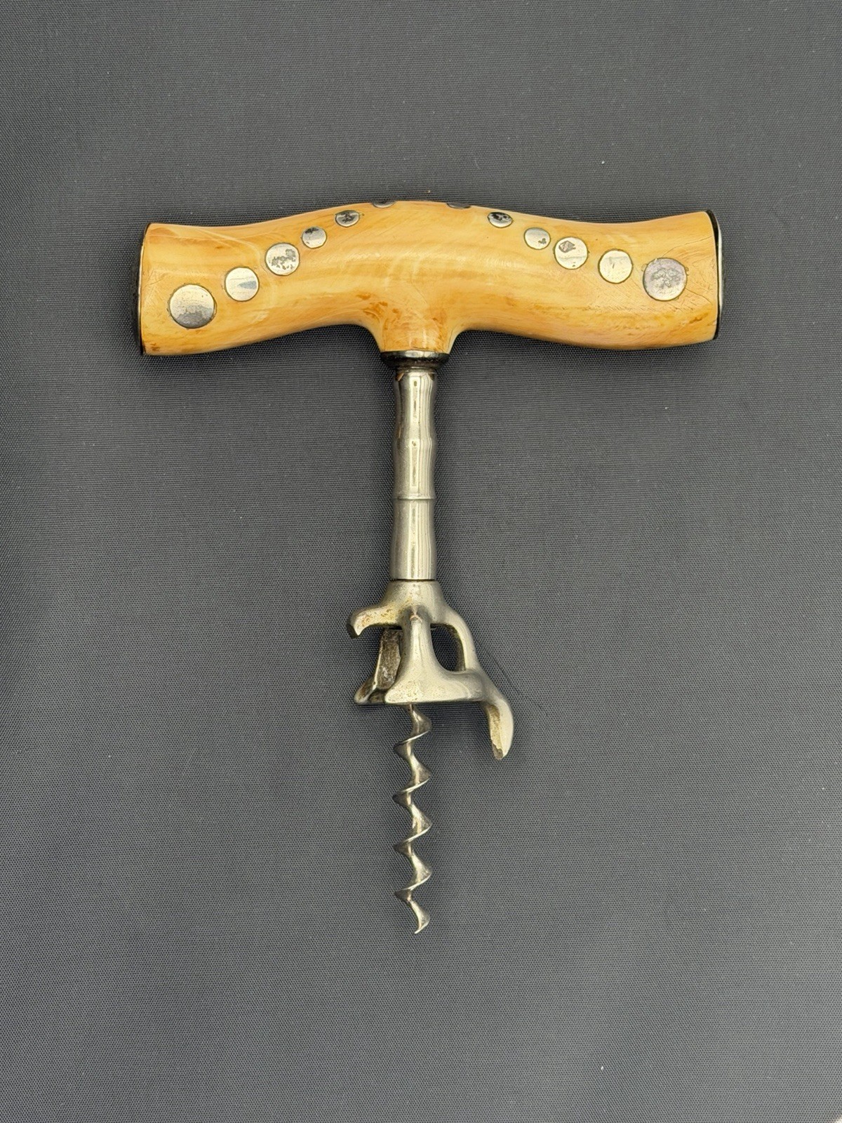 Stunning Antique Bold Silver Dot Inlay Polished Handke Corkscrew Folk Art Stunning Antique Bold Silver Dot Inlay Polished Handke Corkscrew Folk Art