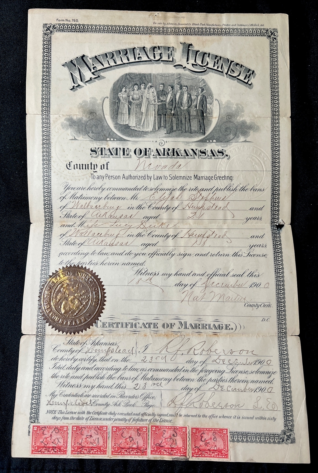 Vtg 1900 Victorian MARRIAGE LICENSE Nevada County ARKANSAS Tax Stamps