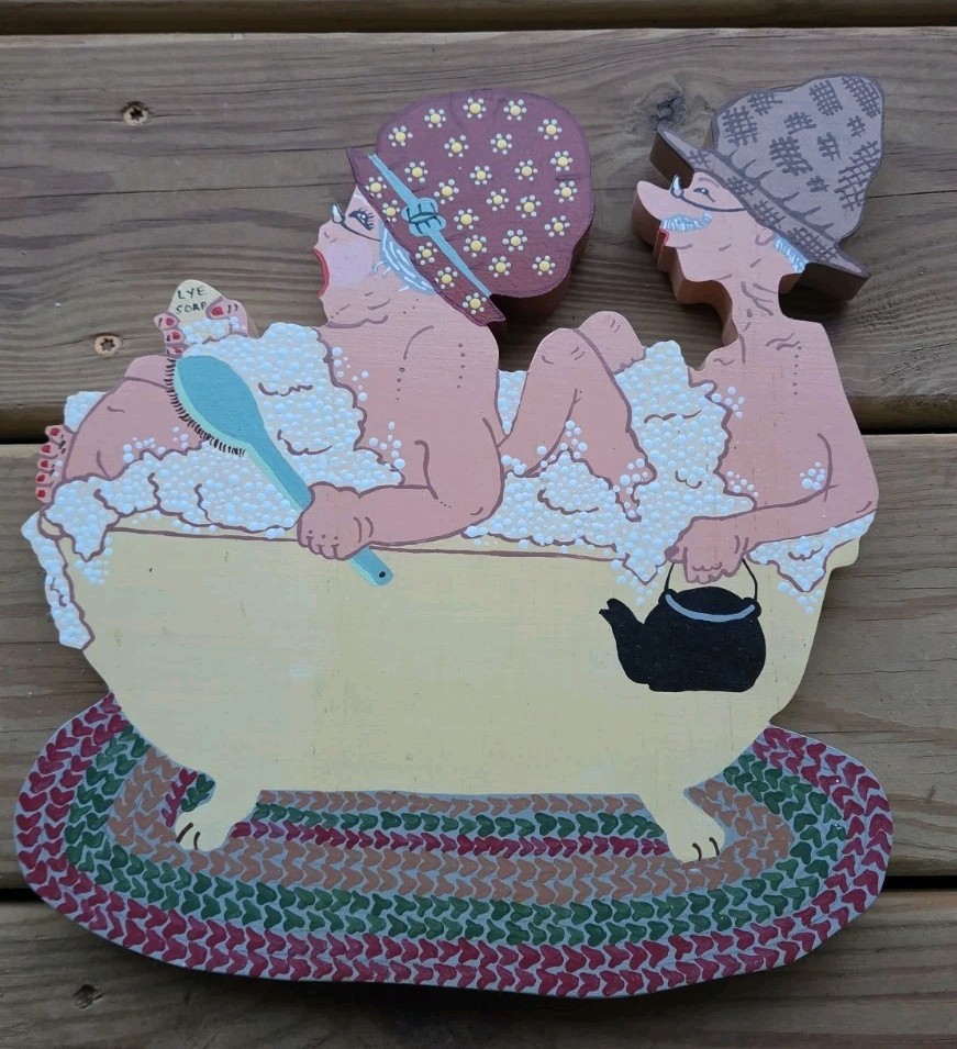 Unique Vintage Folk Art Bath Time Handmade Tole Painted Wall Hanging Decor
