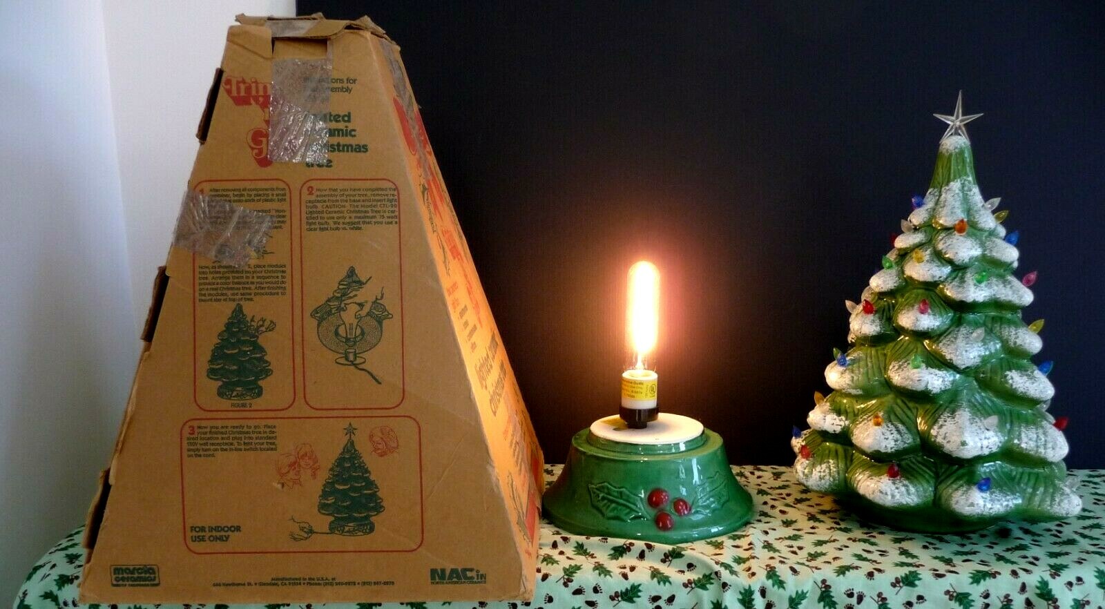 VINTAGE LARGE CERAMIC SNOWCAPPED CHRISTMAS TREE WITH BOX HOLLY BASE