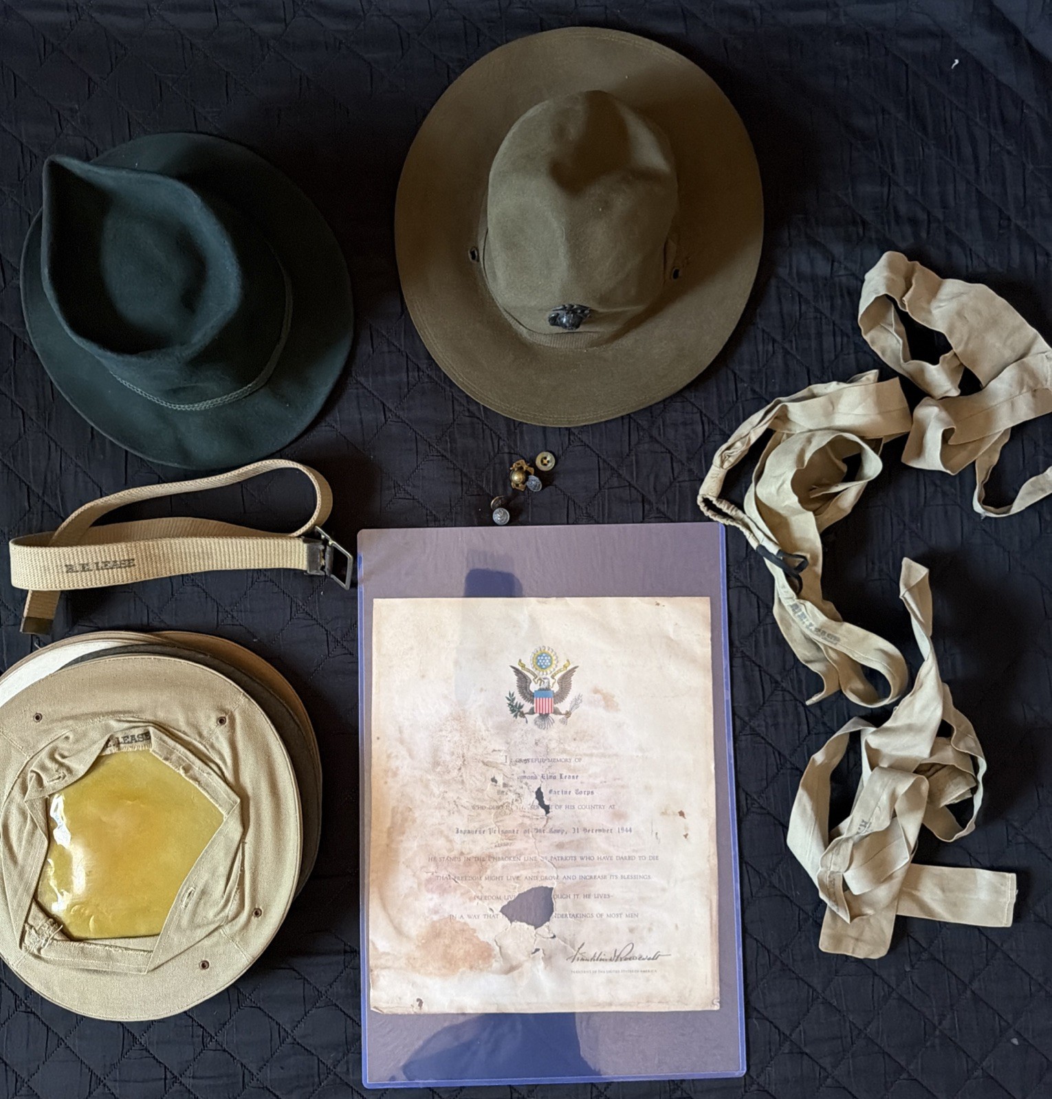WWII USMC China Marine POW Raymond Lease Lot 1941 FDR Doc- Campaign Hat Tientsin WWII USMC China Marine POW Raymond Lease Lot 1941 FDR Doc- Campaign Hat Tientsin