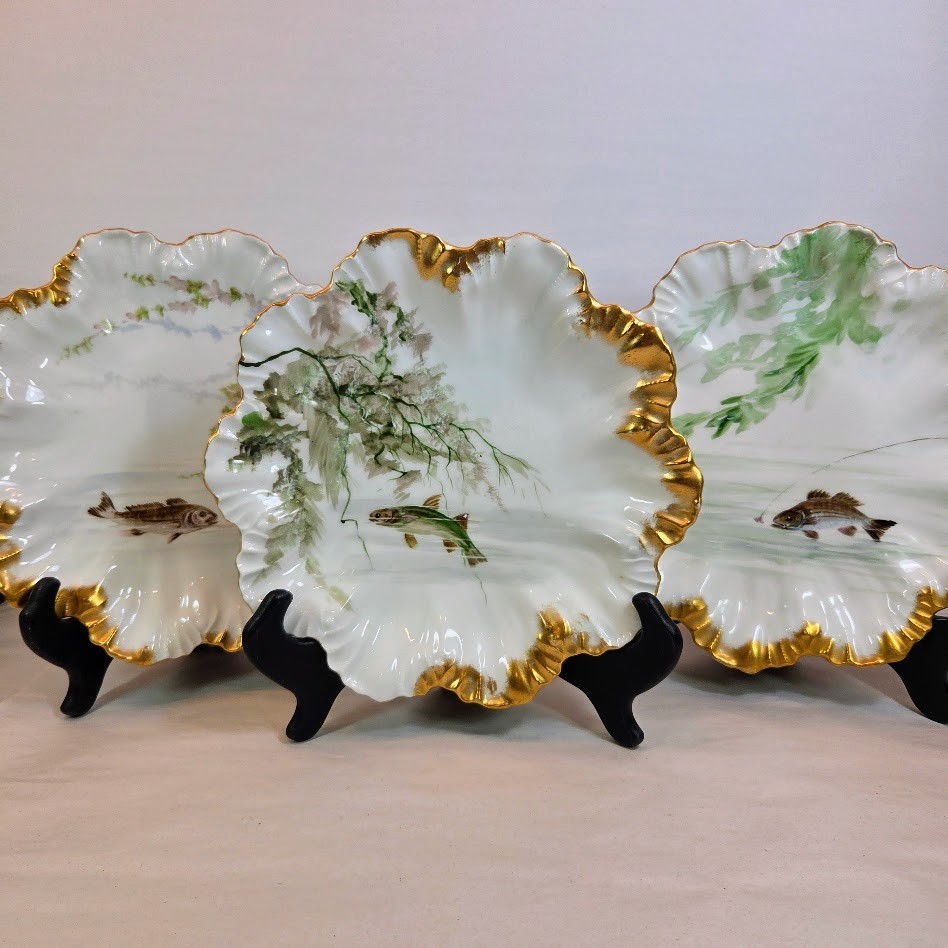 Limoges France A Lanternier Set of 3 Antique Porcelain Fish Plates Gold Gilt Limoges France A Lanternier Set of 3 Antique Porcelain Fish Plates Gold Gilt