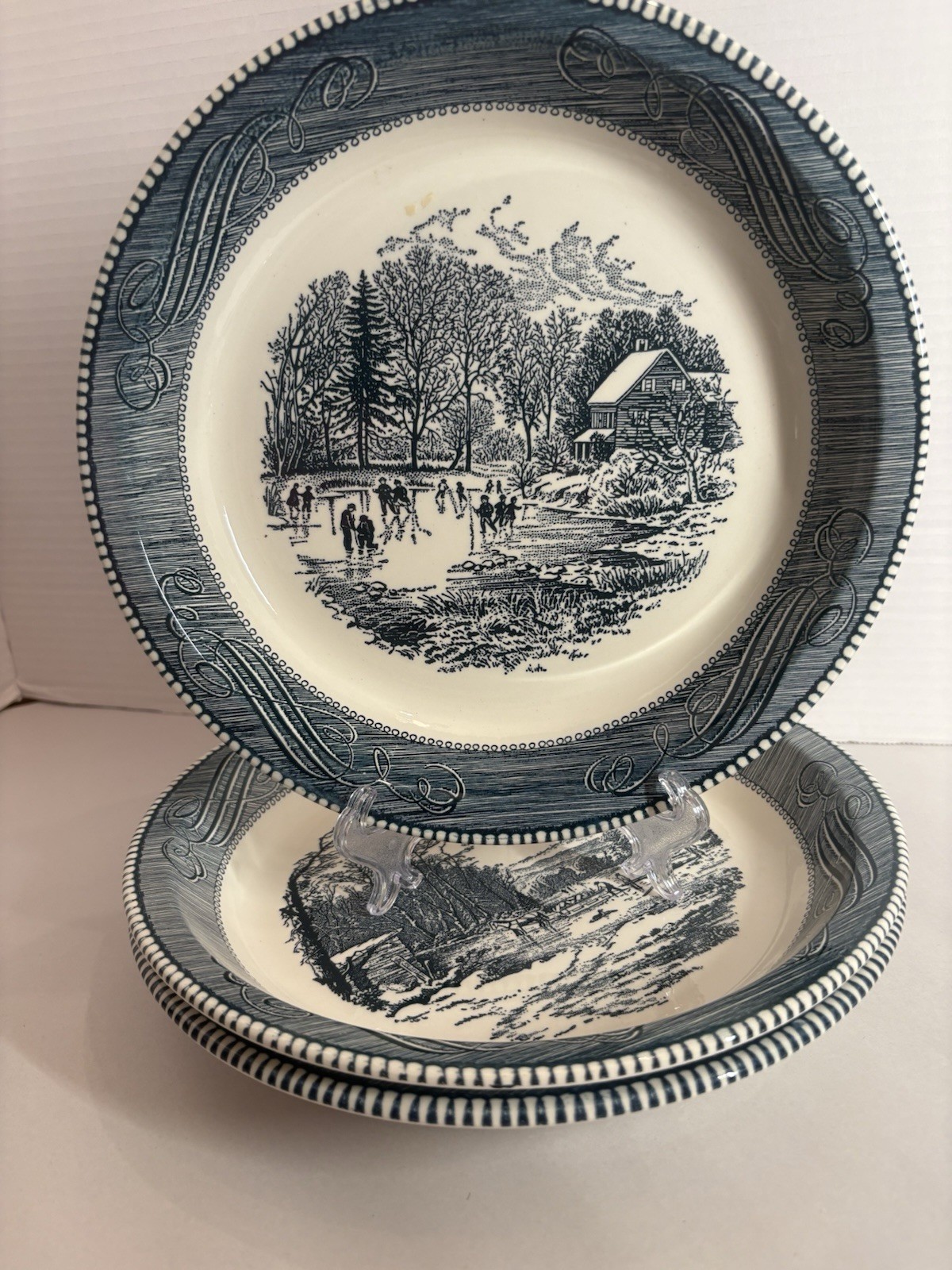 3- Vintage Blue Royal China Jeannette Currier & Ives Pie Plate 10” Ice Skating