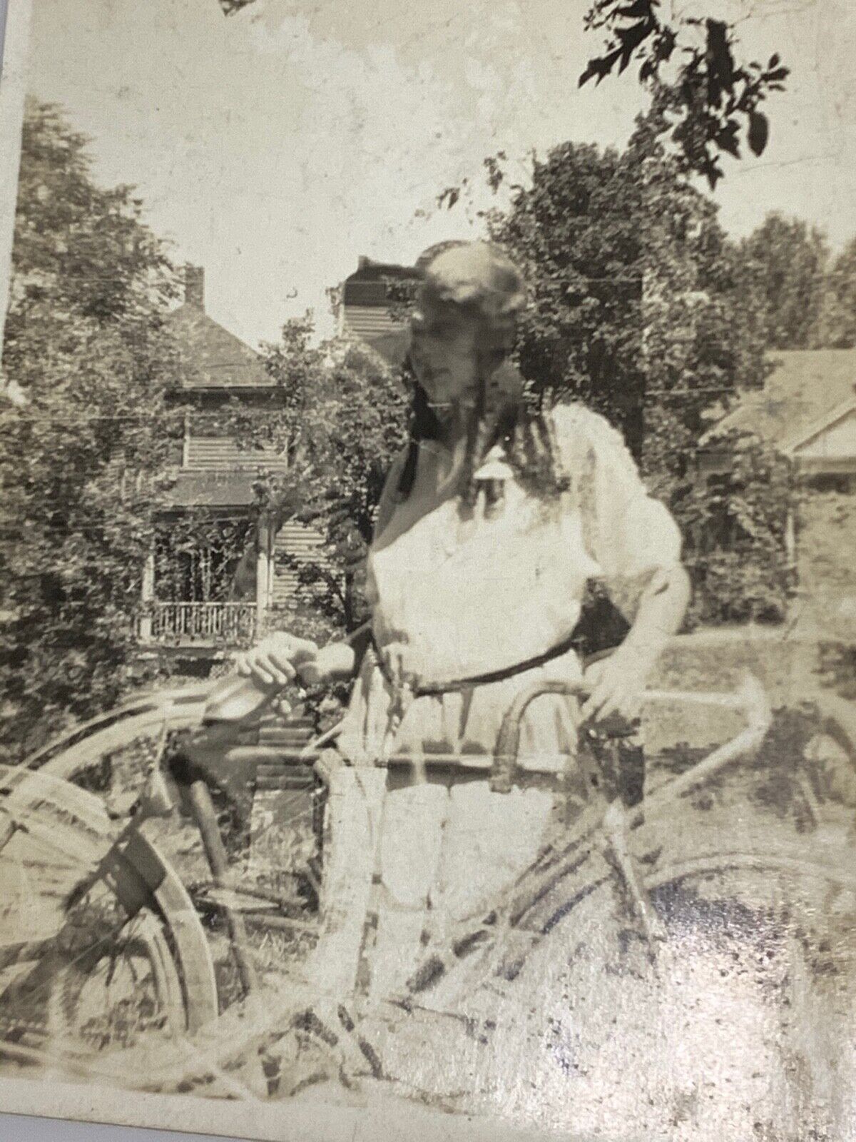 (AmA) FOUND PHOTO Photograph Creepy Odd Double Exposure Young Woman With Bike