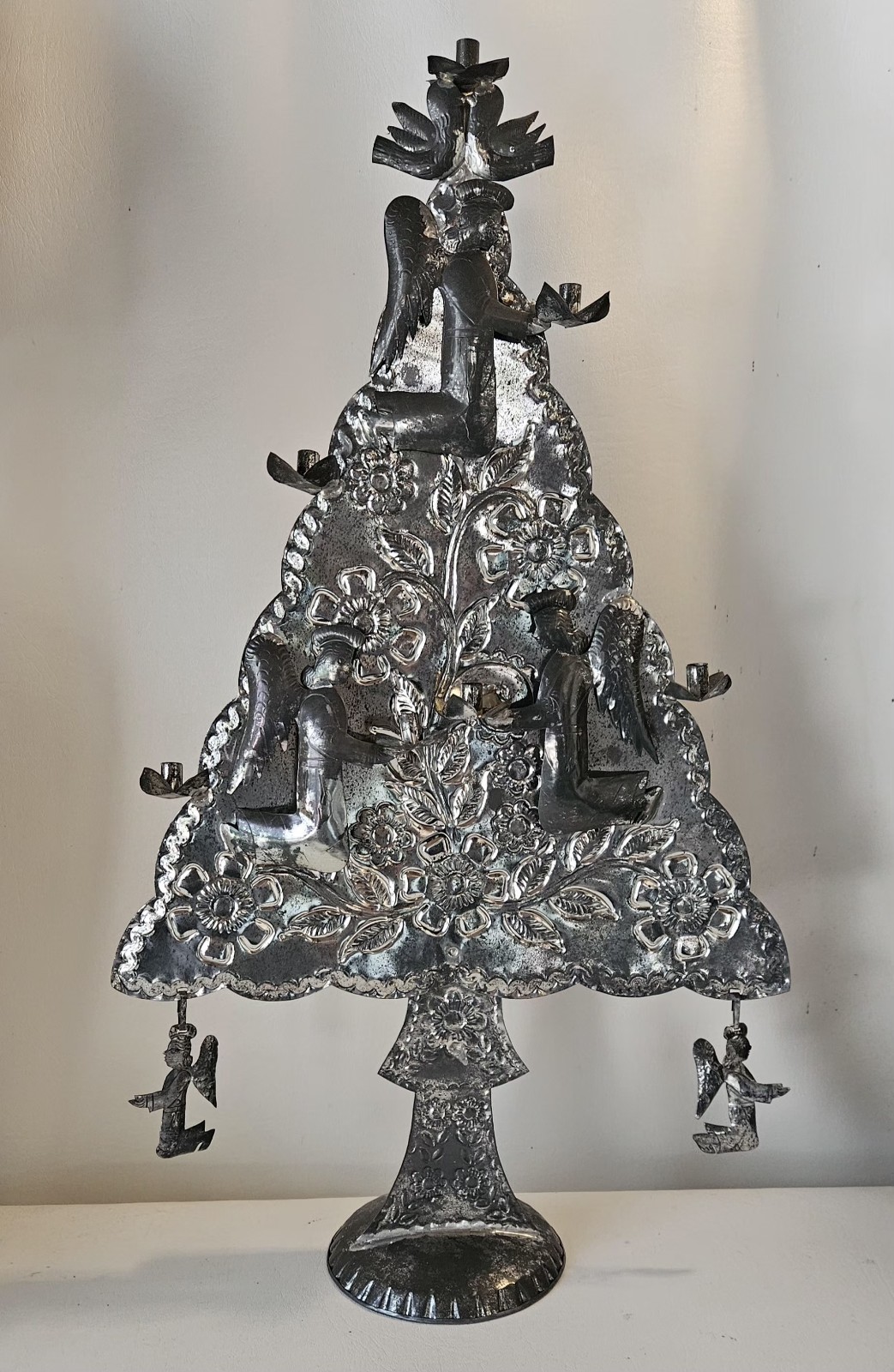 Vintage Mexican Folk Art Punched Tin Christmas Tree w Angels 24"