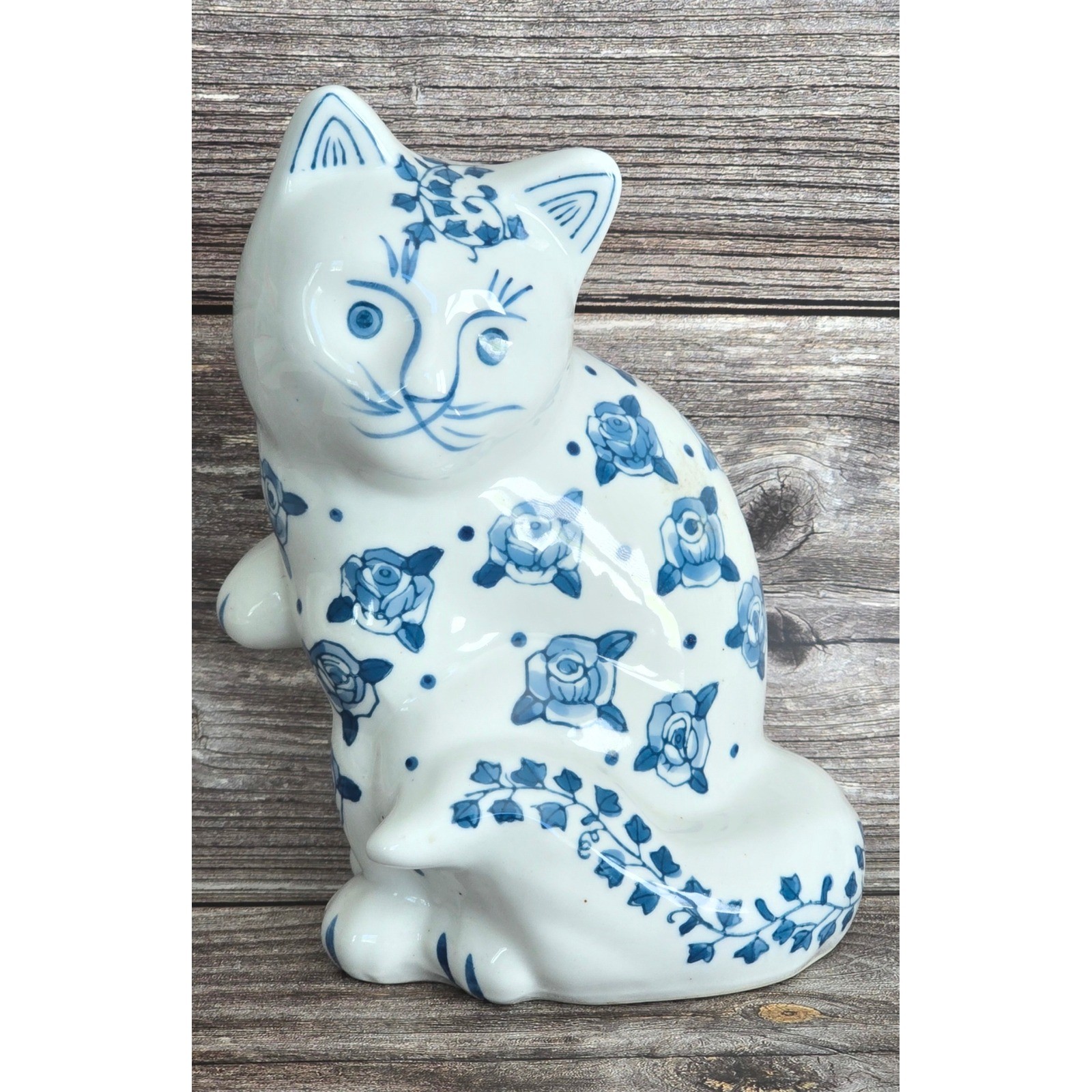 Vintage Blue and White Porcelain Cat Figurine Blue Rose Floral Ceramic 8 inch Vintage Blue and White Porcelain Cat Figurine Blue Rose Floral Ceramic 8 inch