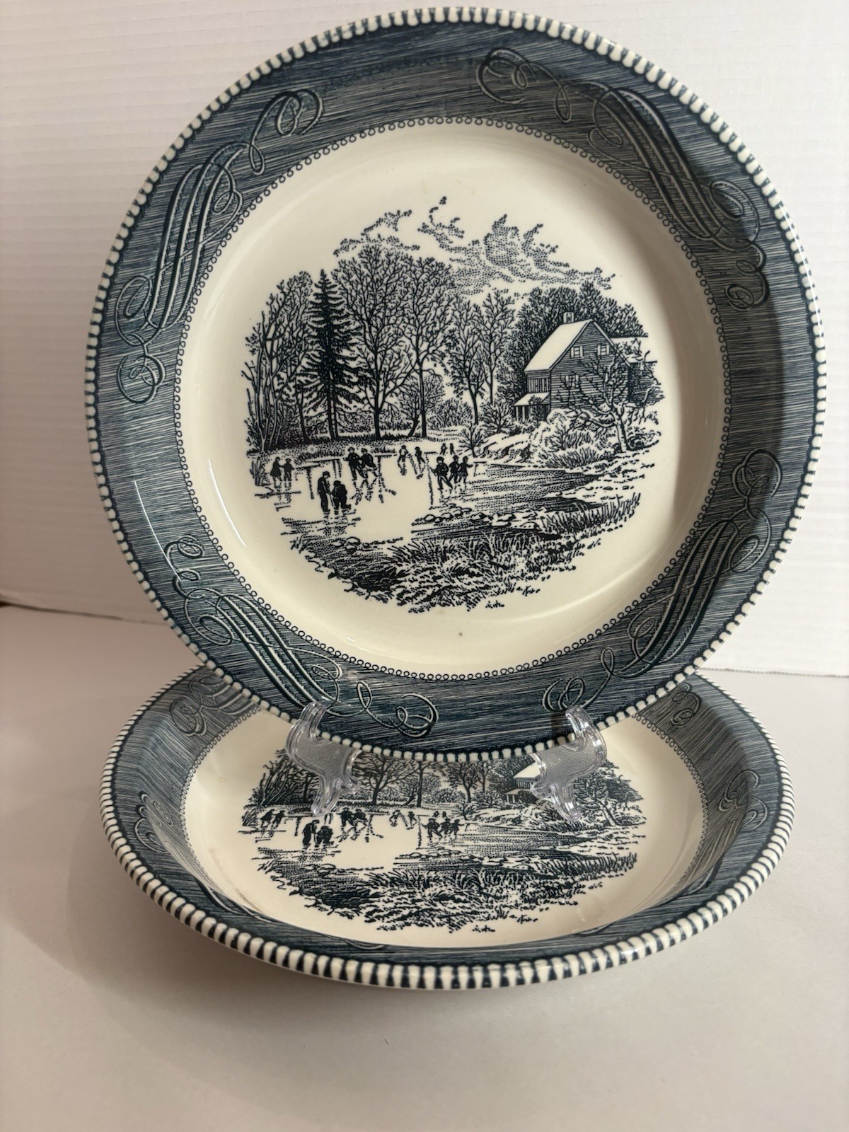 2- Vintage Blue Royal China Jeannette Currier & Ives Pie Plate 10” Ice Skating 2- Vintage Blue Royal China Jeannette Currier & Ives Pie Plate 10” Ice Skating