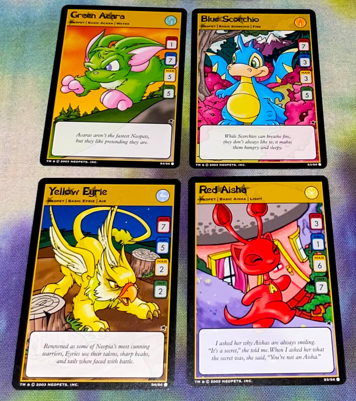 NEOPETS 2003 TCG S3 Blue Scorchio, S4 Green Acara, S5 Red Aisha, S6 Yellow Eyrie
