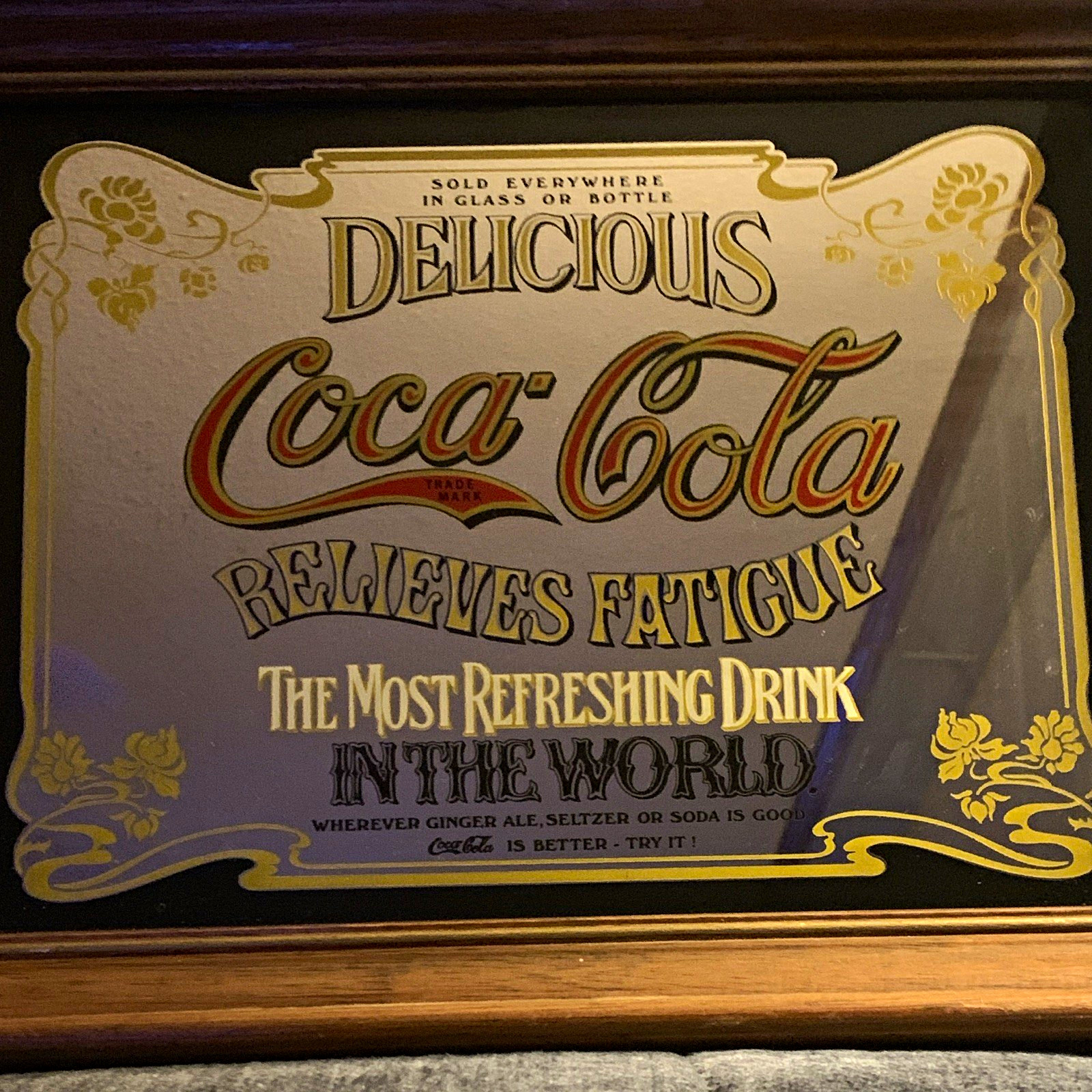 Coca-Cola Framed Advertising Sign "Delicious Relieves Fatigue" Soda Theme