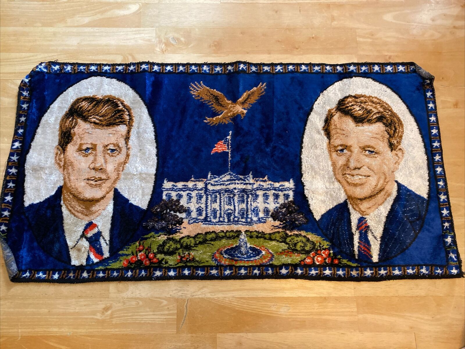 JFK RFK Kennedy Brothers Wall Hanging Tapestry Rug 38 x 20 Vintage
