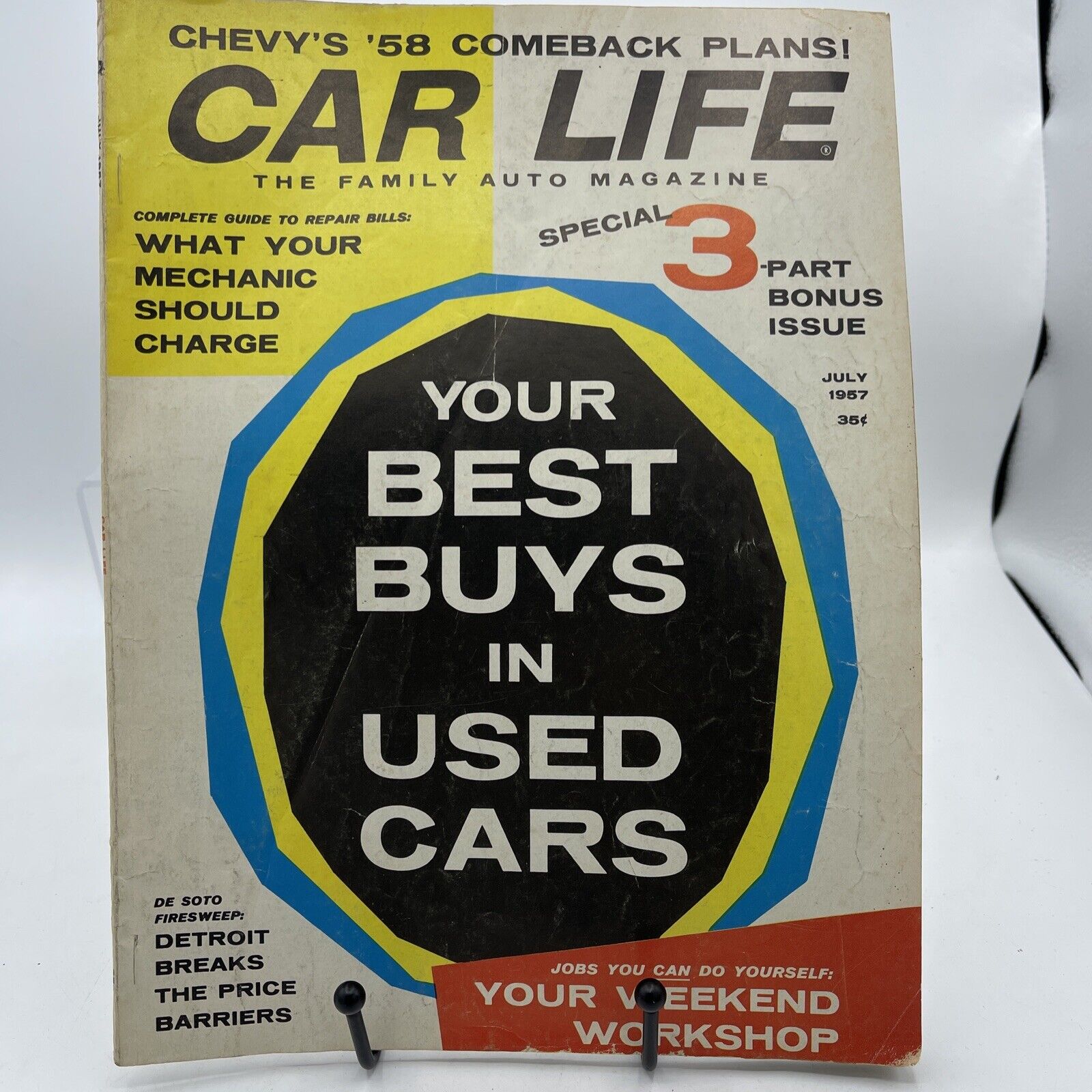 JULY 1957 CAR LIFE MAGAZINE, USED CARS, '58 CHEVY, DESOTO FIRESWEEP, VW MICROBUS