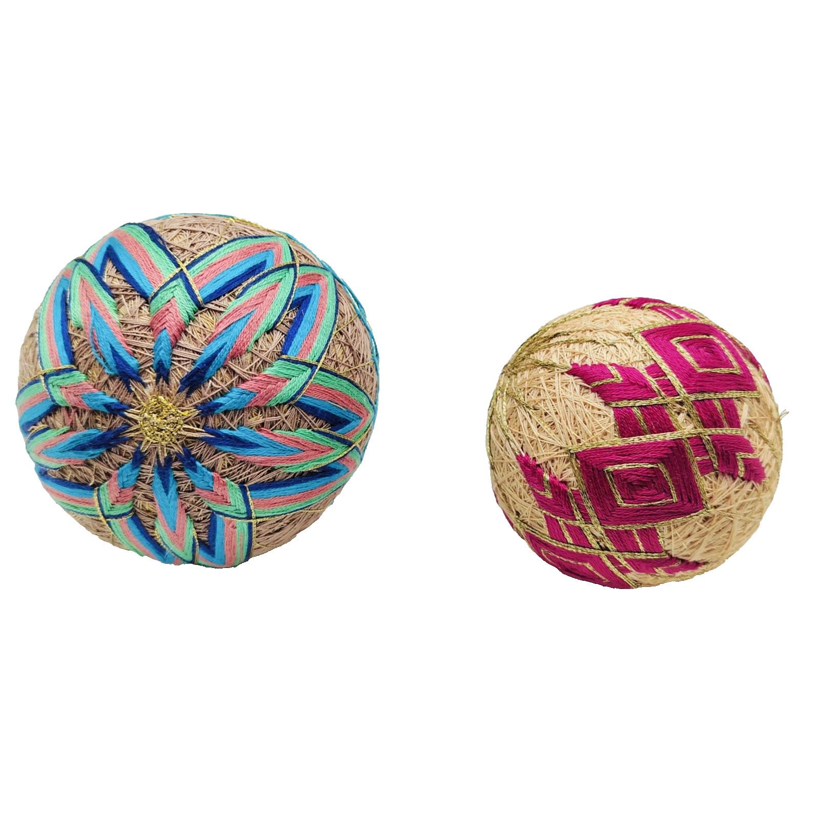 2 Vtg Japanese TEMARI Balls 3in 2in Blue Pink Thread Embroidery Folk Art Decor 2 Vtg Japanese TEMARI Balls 3in 2in Blue Pink Thread Embroidery Folk Art Decor