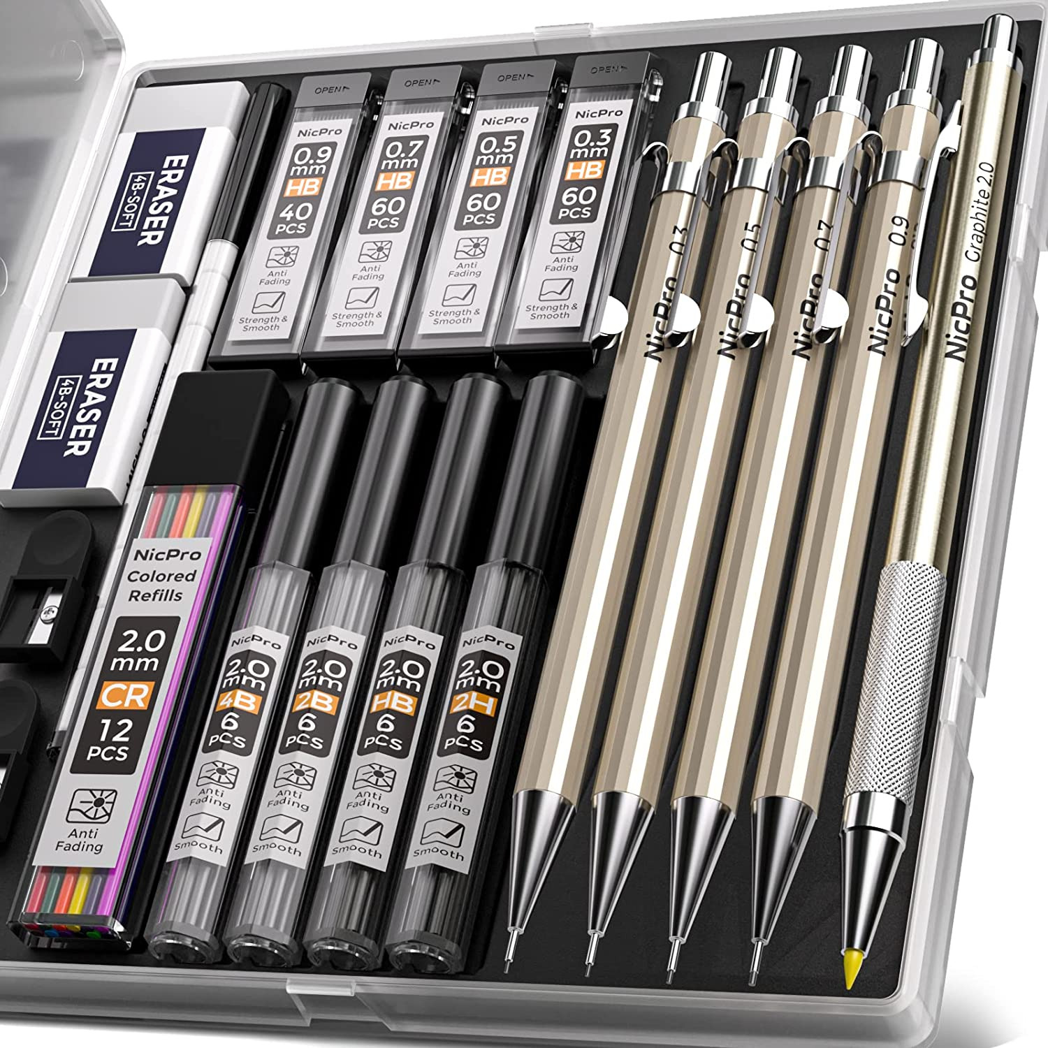 Nicpro 5 PCS Metal Mechanical Pencil Set in Case, Artist Drafting Pencils