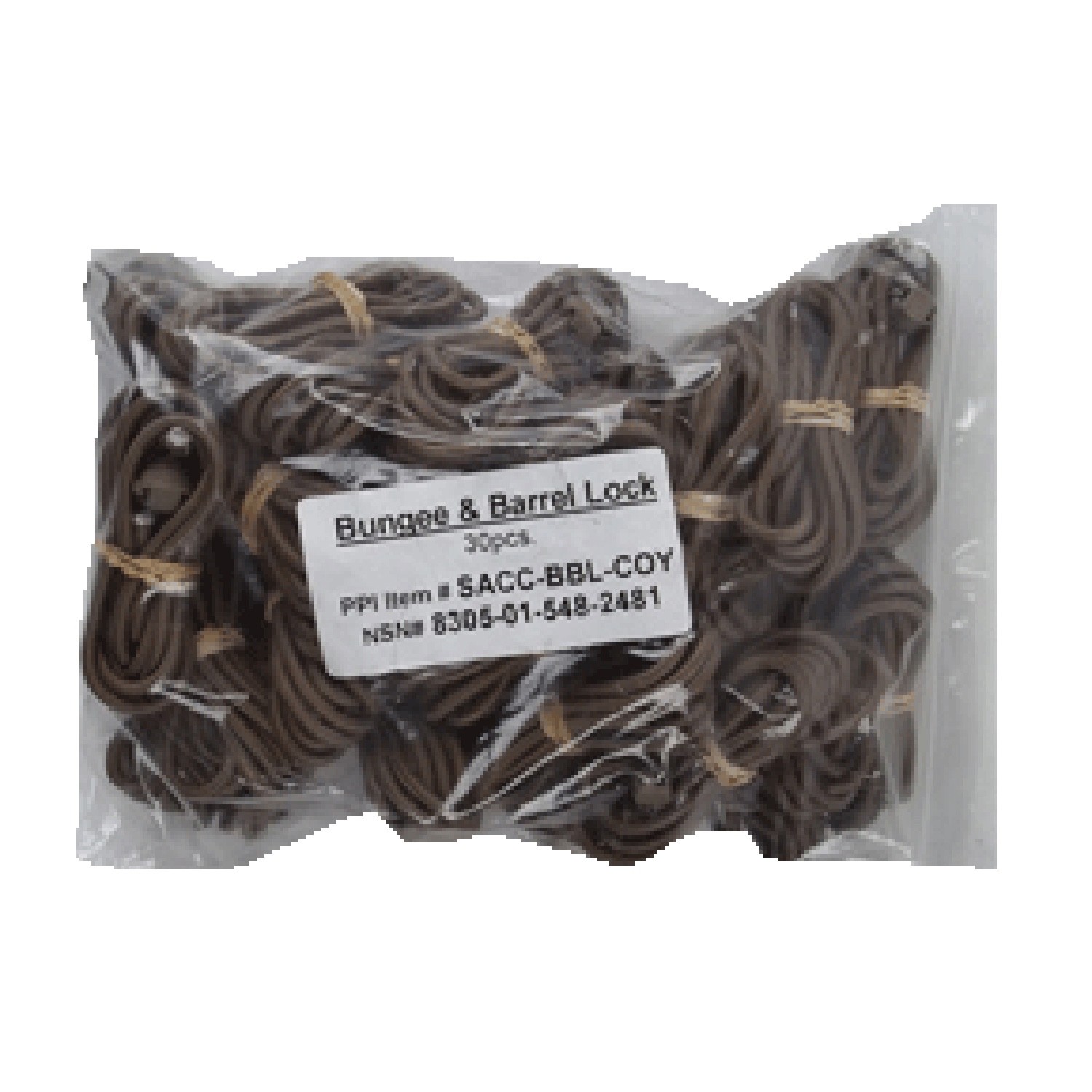 LOT OF 30 USGI BUNGEE CORDS AND BARREL LOCK SETS - COYOTE BROWN - NEW LOT OF 30 USGI BUNGEE CORDS AND BARREL LOCK SETS - COYOTE BROWN - NEW