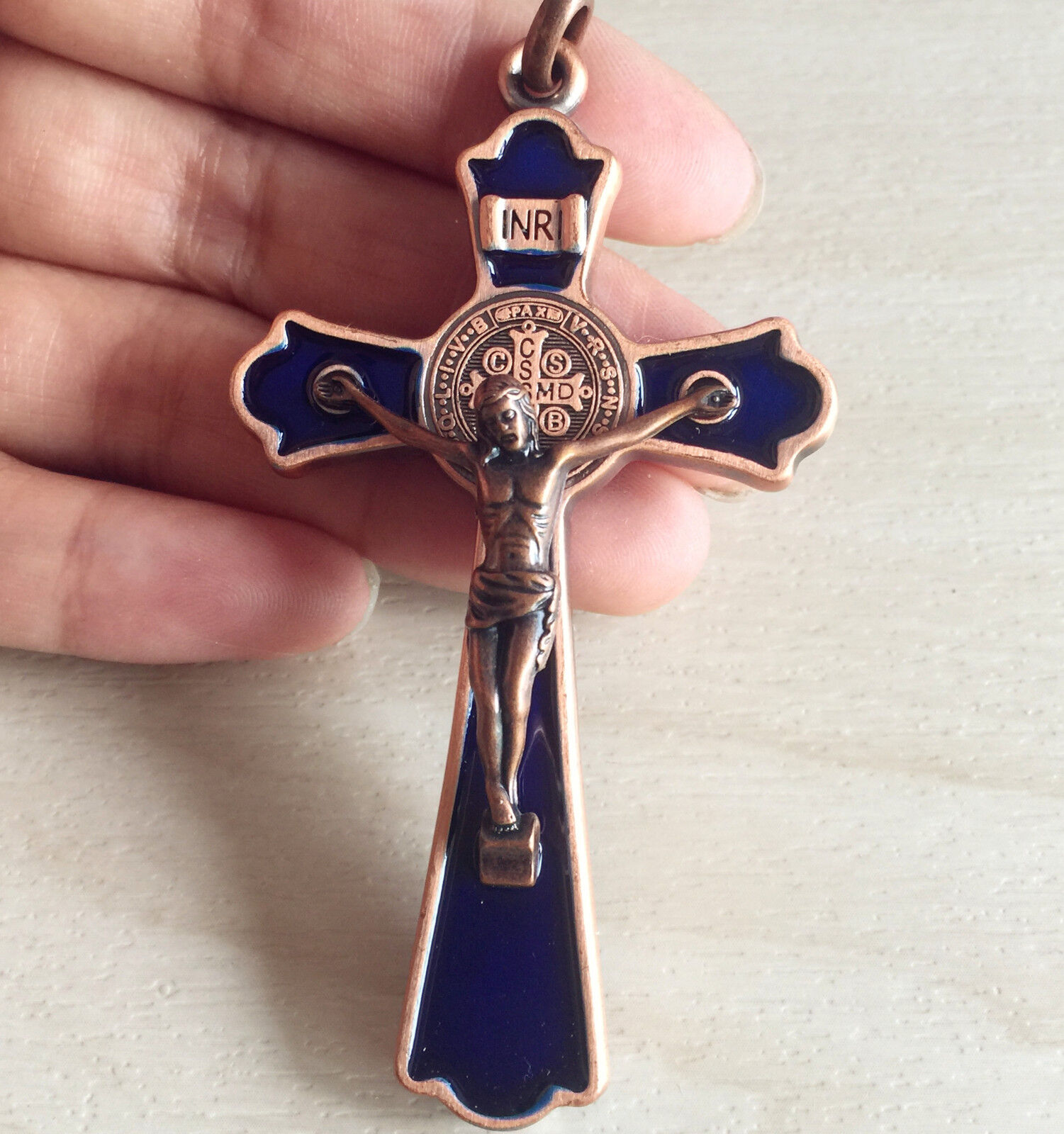 Vintage copper St. Benedict Cross Bule Jesus Crucifix Rosary pendant Gift 