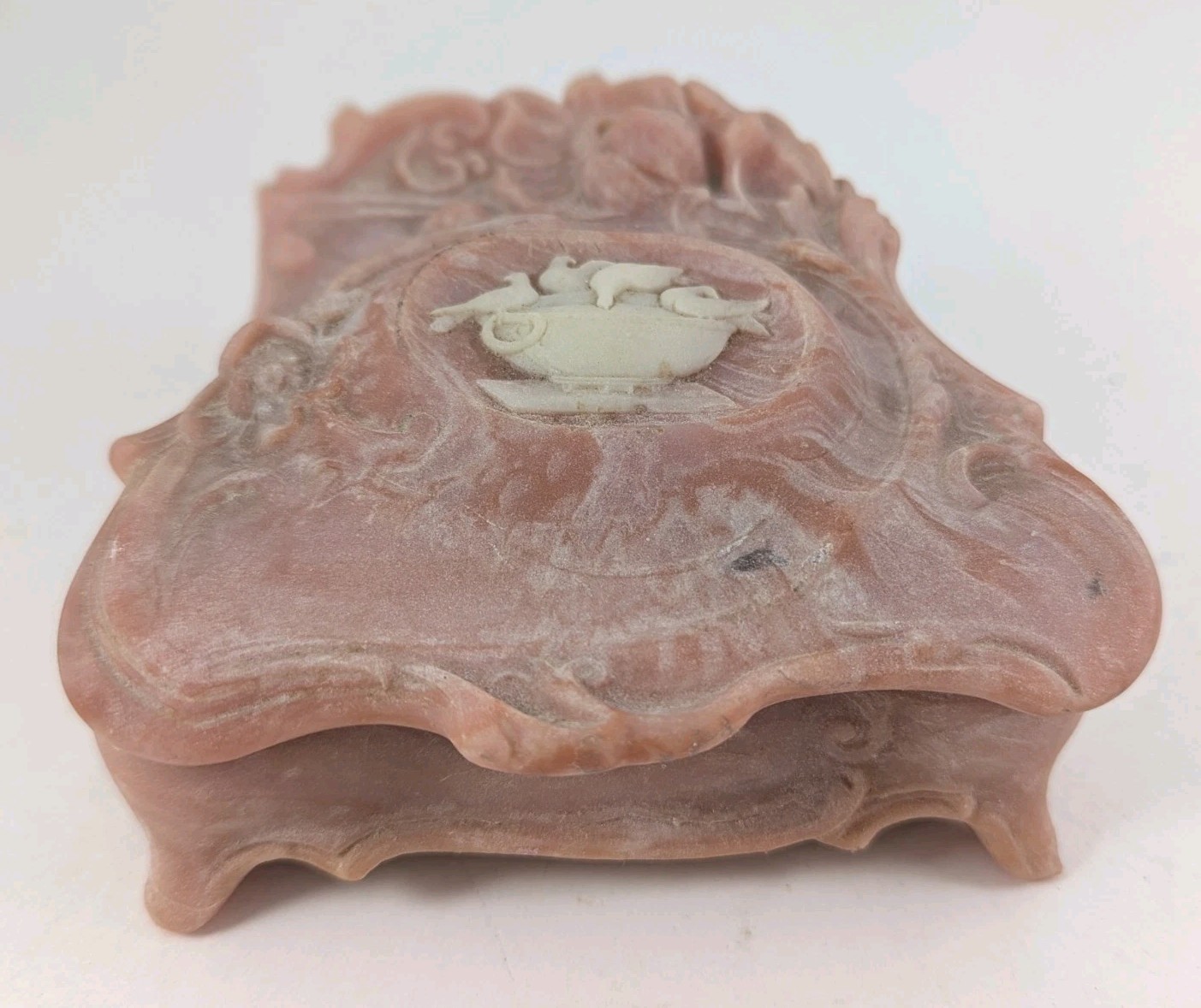 Vintage Incolay Stone Bathing Doves Bird Jewelry Trinket Box Hinged Pink Storage Vintage Incolay Stone Bathing Doves Bird Jewelry Trinket Box Hinged Pink Storage