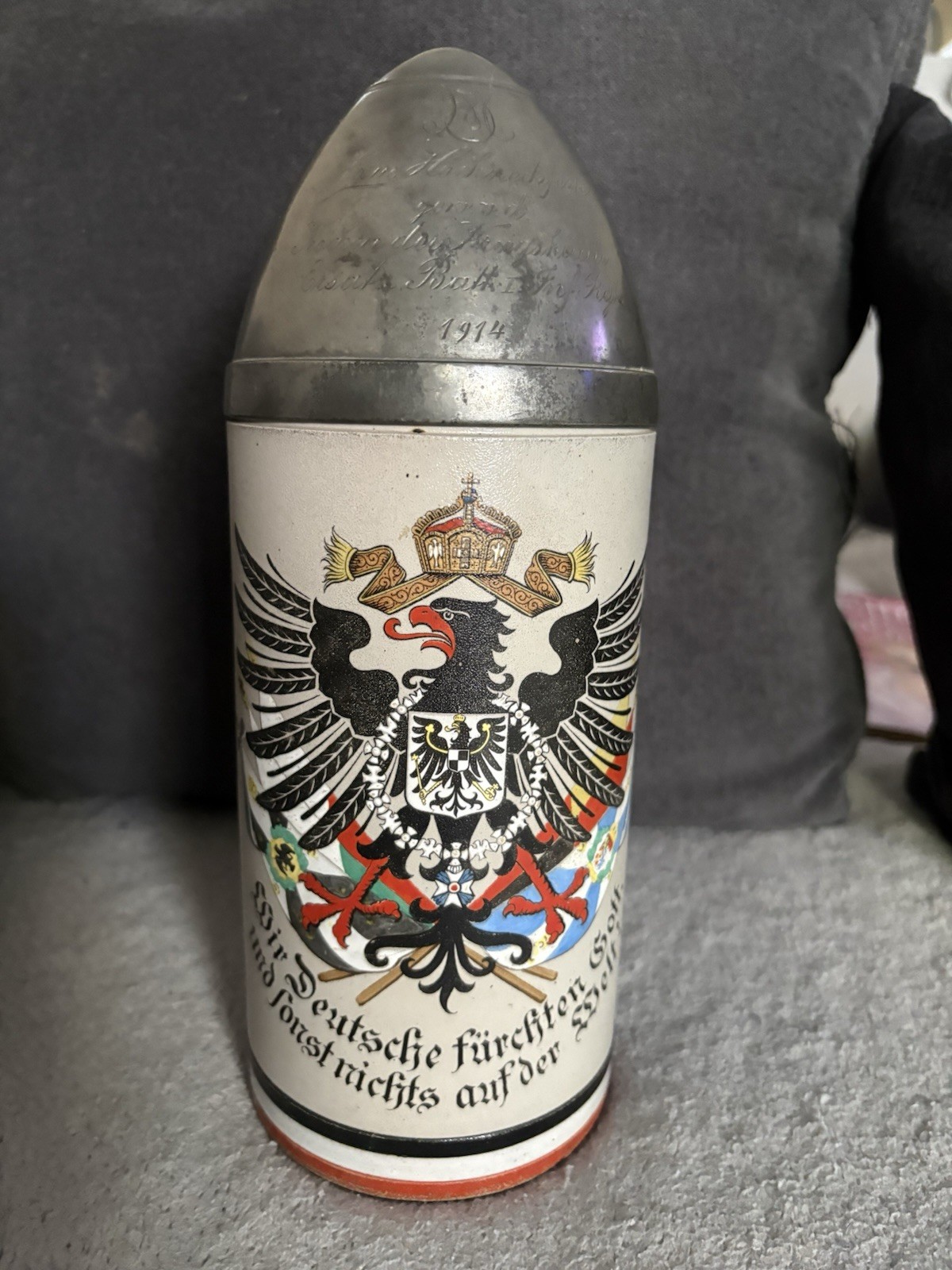 Antique German Military 1L Beer Stein 1914 Pewter Helmet Lid Iron Cross Eagle