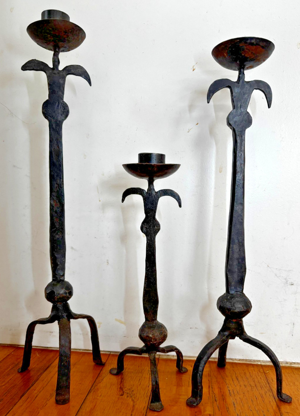 3 pcs,Vintage Hand forged colonial wrought iron candle Holders  13.7”/12.7"/8.7"