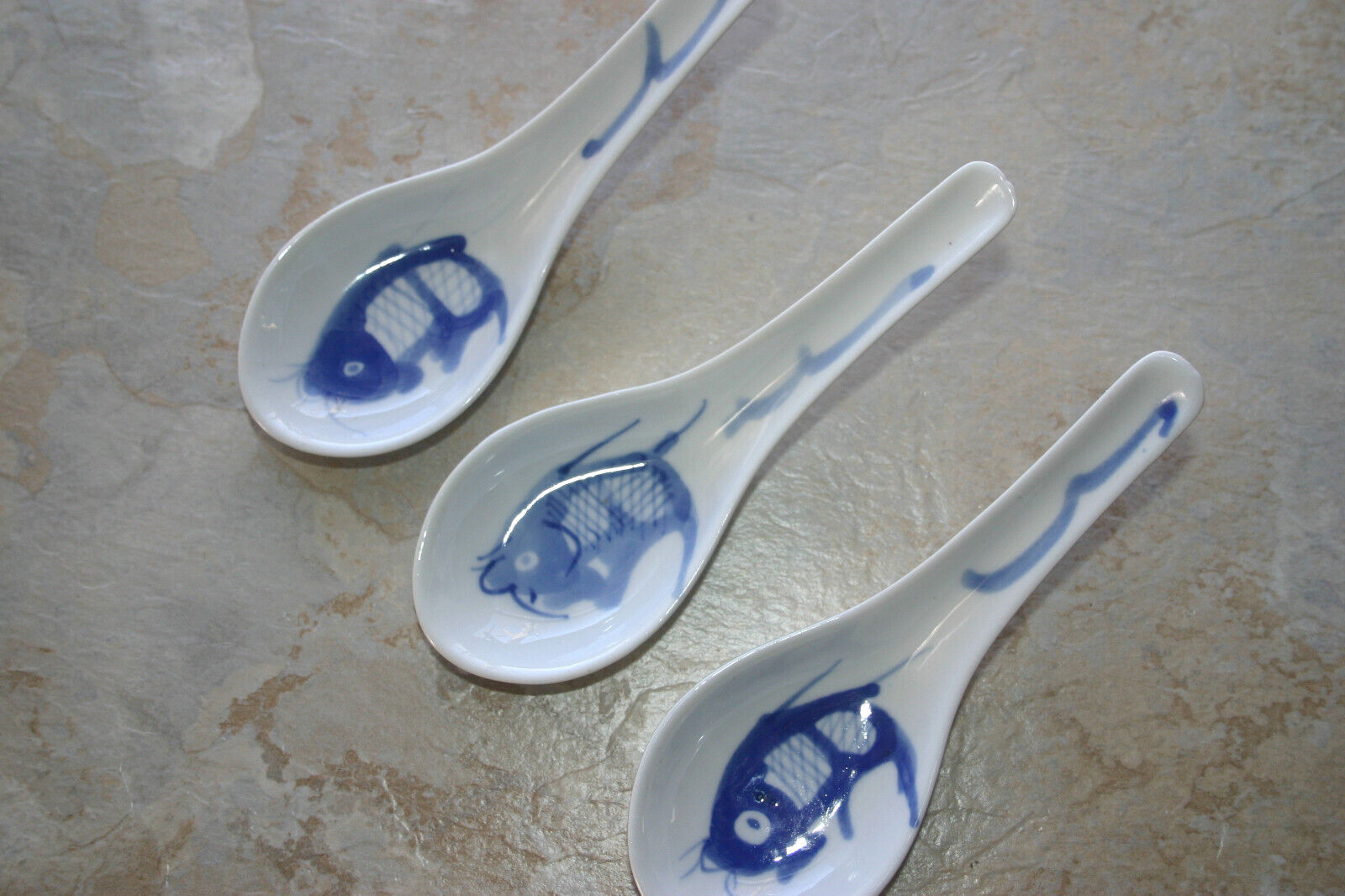 Lot of 3 Vintage Chinese Blue White Koi Fish Porcelain Soup Spoons