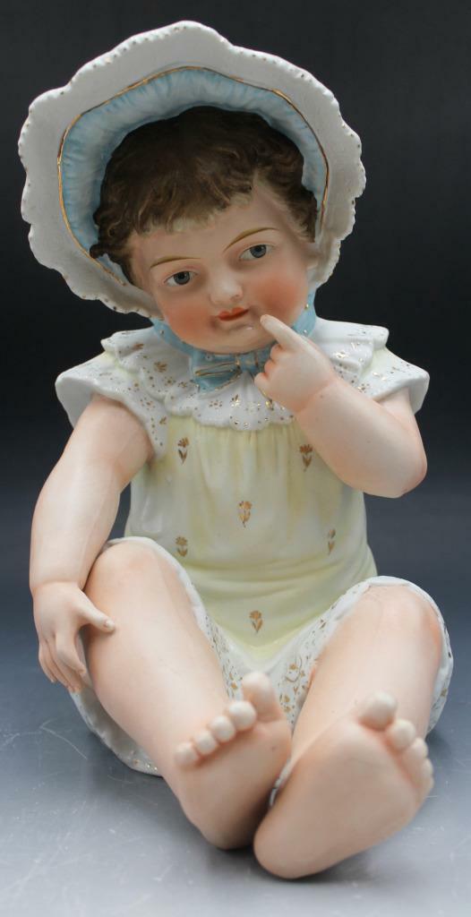 Semi Antique Large Bisque Porcelain Playful Piano Baby Girl with Bonnet 11.75