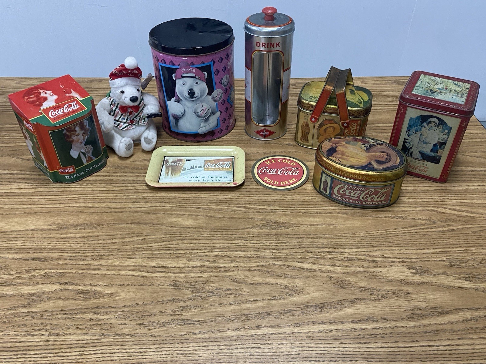 Vintage Coca Cola Lot: Tin Straw Dispenser, Polar Bear Plush, Storage Boxes