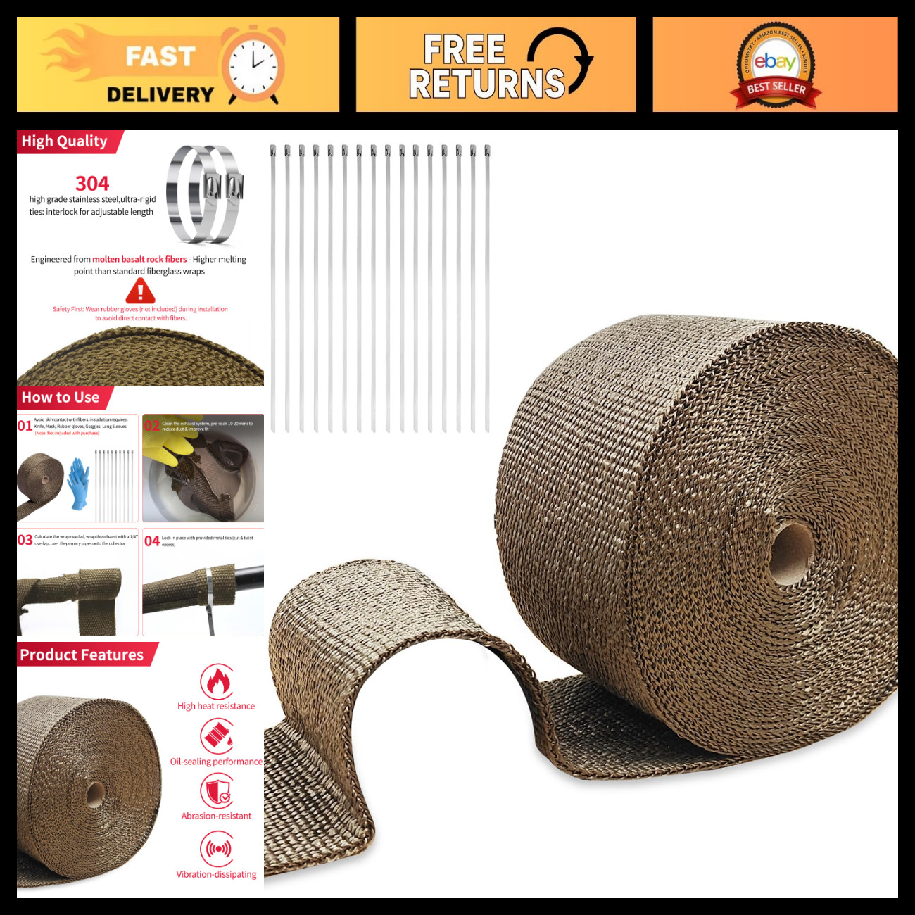 High-Performance Exhaust Wrap 4" x 50' Basalt Fiber with Metal Ties - Heat Resis