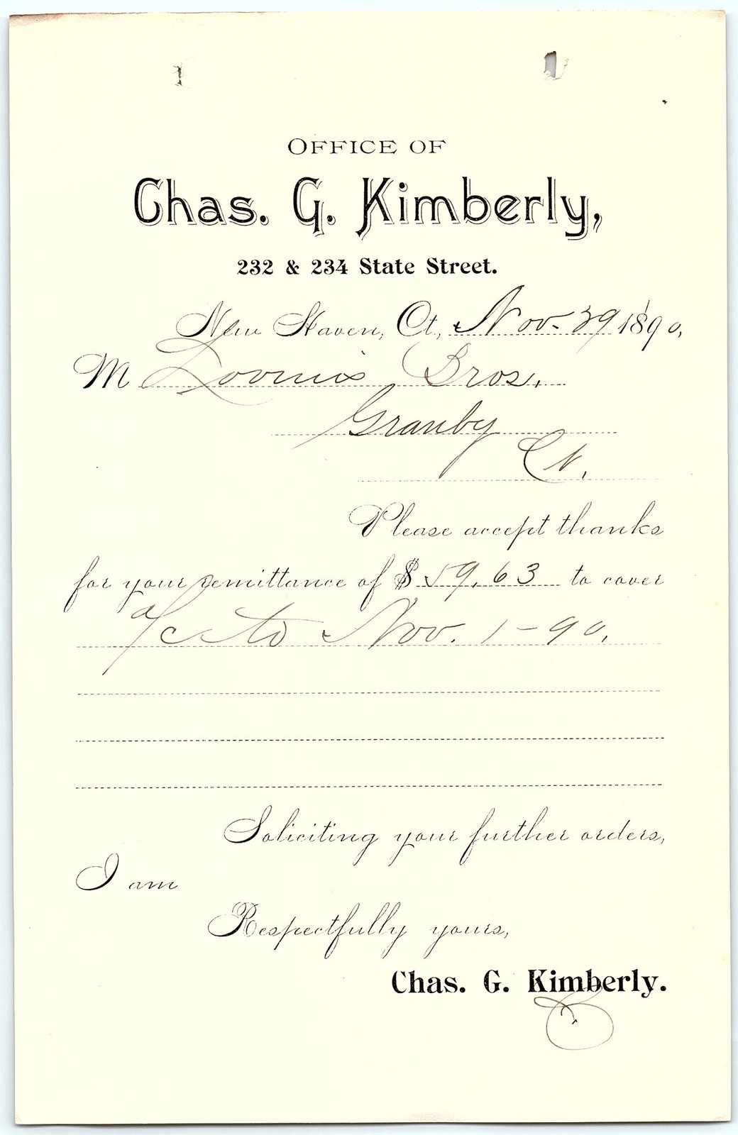 Vintage Chas. G. Kimberly 1890 CT billhead receipt Vintage Chas. G. Kimberly 1890 CT billhead receipt