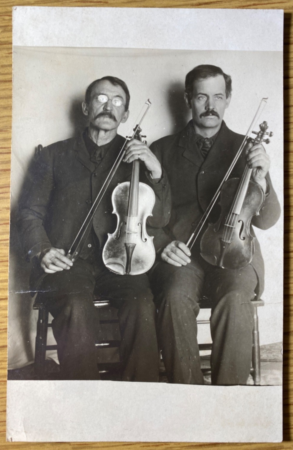 1910s RPPC - TWO MUSICIANS antique real photo postcard VIOLINISTS VIOLINS MUSIC