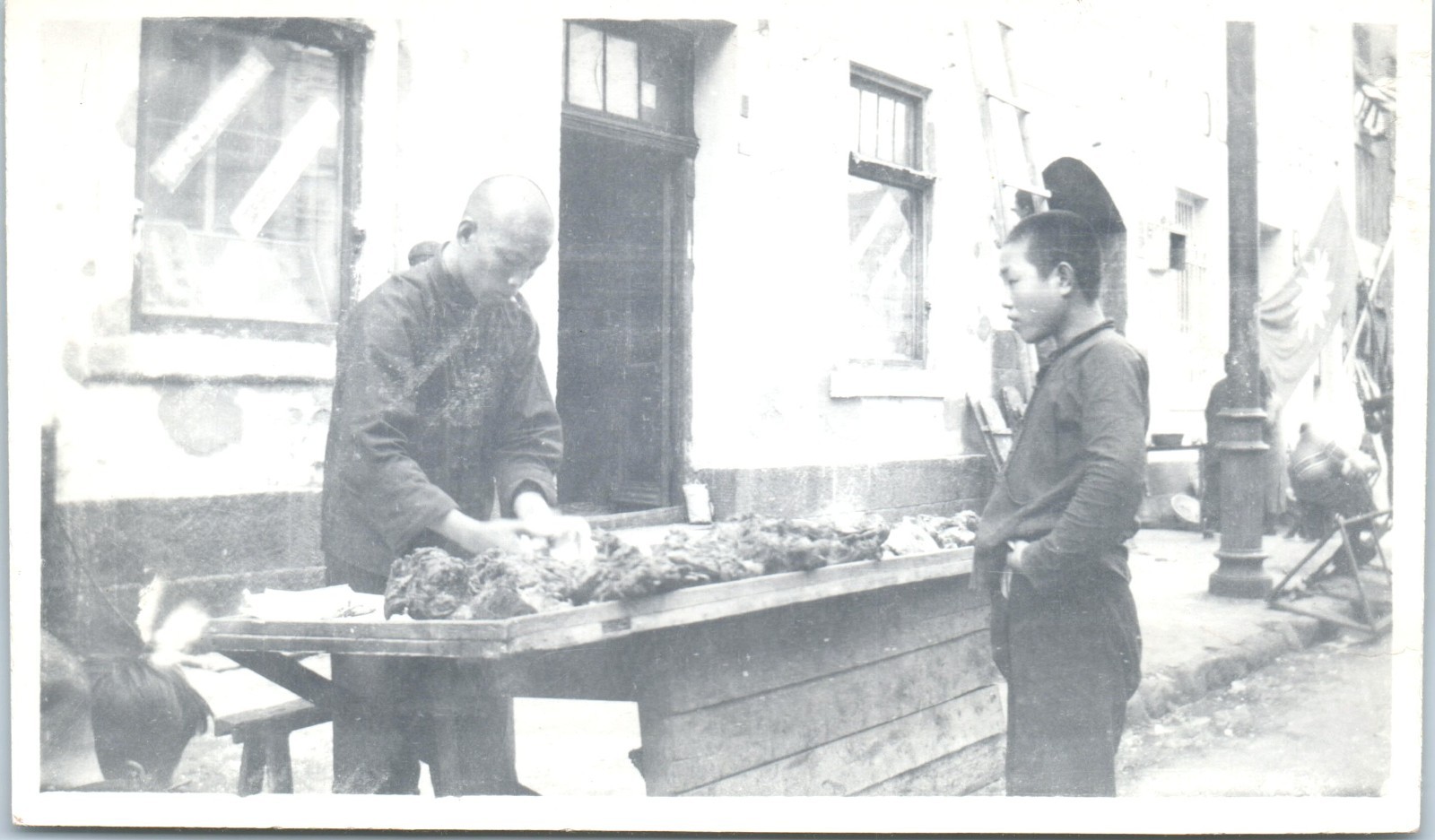 1940s Chinese Street Vendor Selling Meat Table Republic Flag Vintage Photo