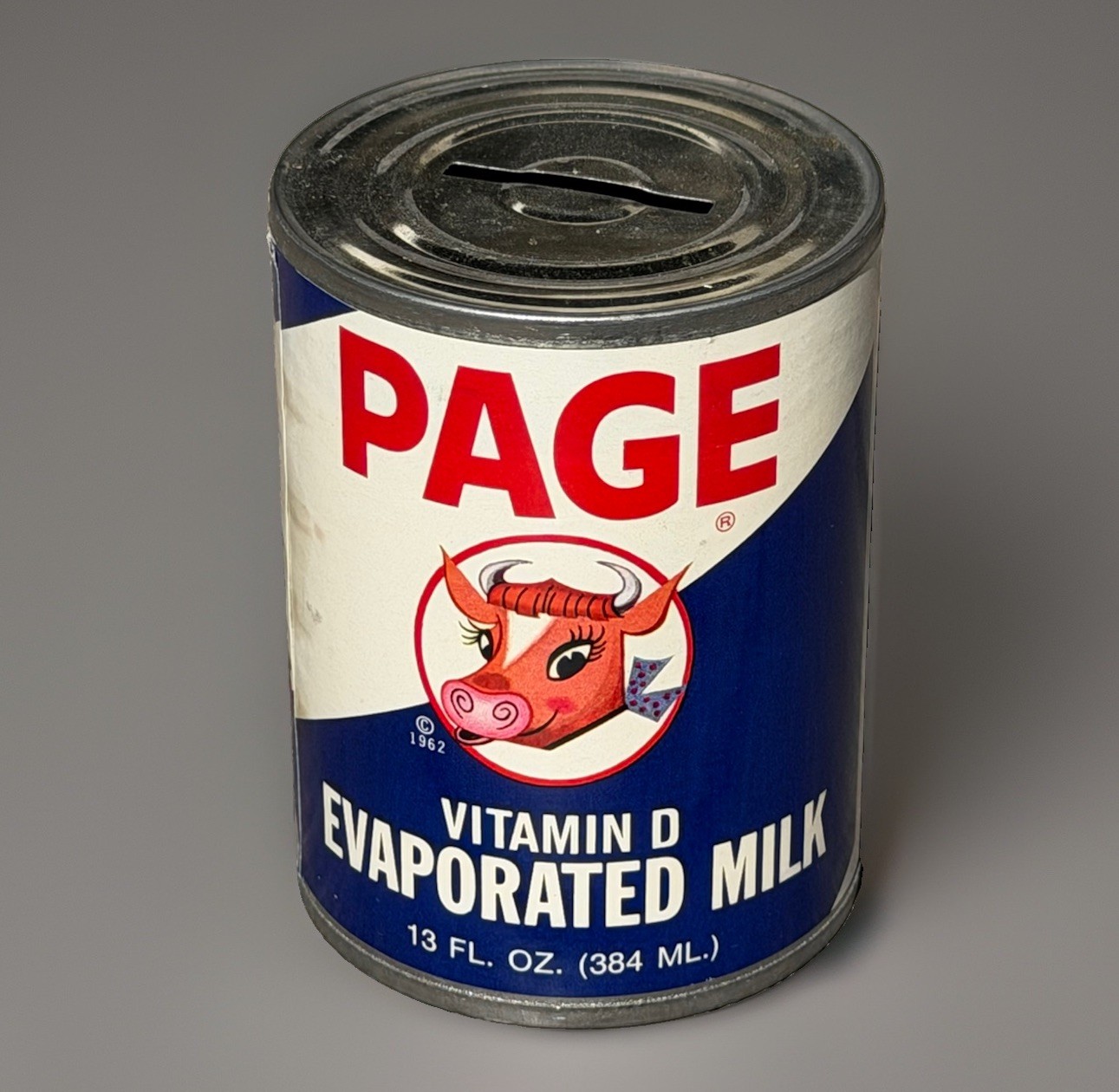 Vintage 1962 PAGE Evaporated Milk Advertising Tin Can Promo Bank - Batavia, NY Vintage 1962 PAGE Evaporated Milk Advertising Tin Can Promo Bank - Batavia, NY