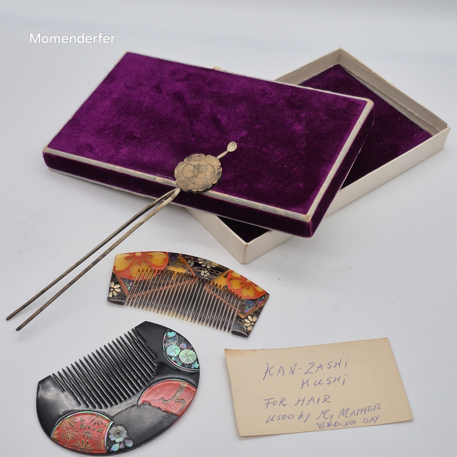 Vintage Japanese Wedding Kushi Kanzashi Set 2 Combs Hairpin Velvet Box Inlay Vintage Japanese Wedding Kushi Kanzashi Set 2 Combs Hairpin Velvet Box Inlay
