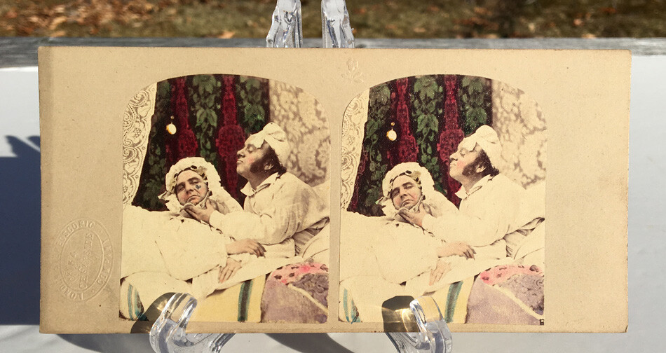 1856/59 STEREOVIEW HAND TINTED " COUPLE IN BED" LONDON STEREOSCOPIC CO. 1856/59 STEREOVIEW HAND TINTED " COUPLE IN BED" LONDON STEREOSCOPIC CO.