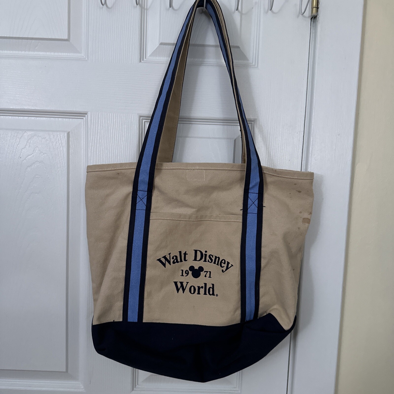 Vintage Walt Disney World 1971 Canvas Tote Bag Blue Straps Stained Front Pocket