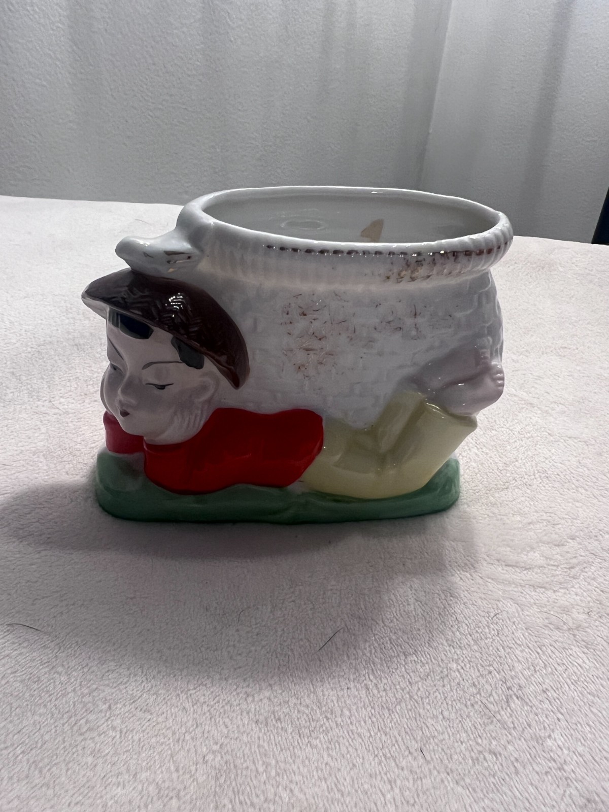 Vintage Made in Japan Ceramic Figural Planter Man Carrying Basket MCM Kitsch