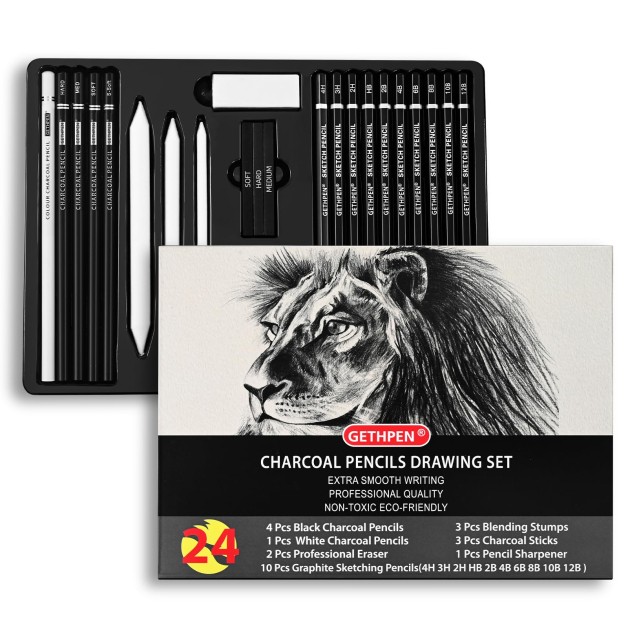 Drawing Sketching Pencil Set, 24 Piece Pro Artist Sketch Kit - Graphite Pencils