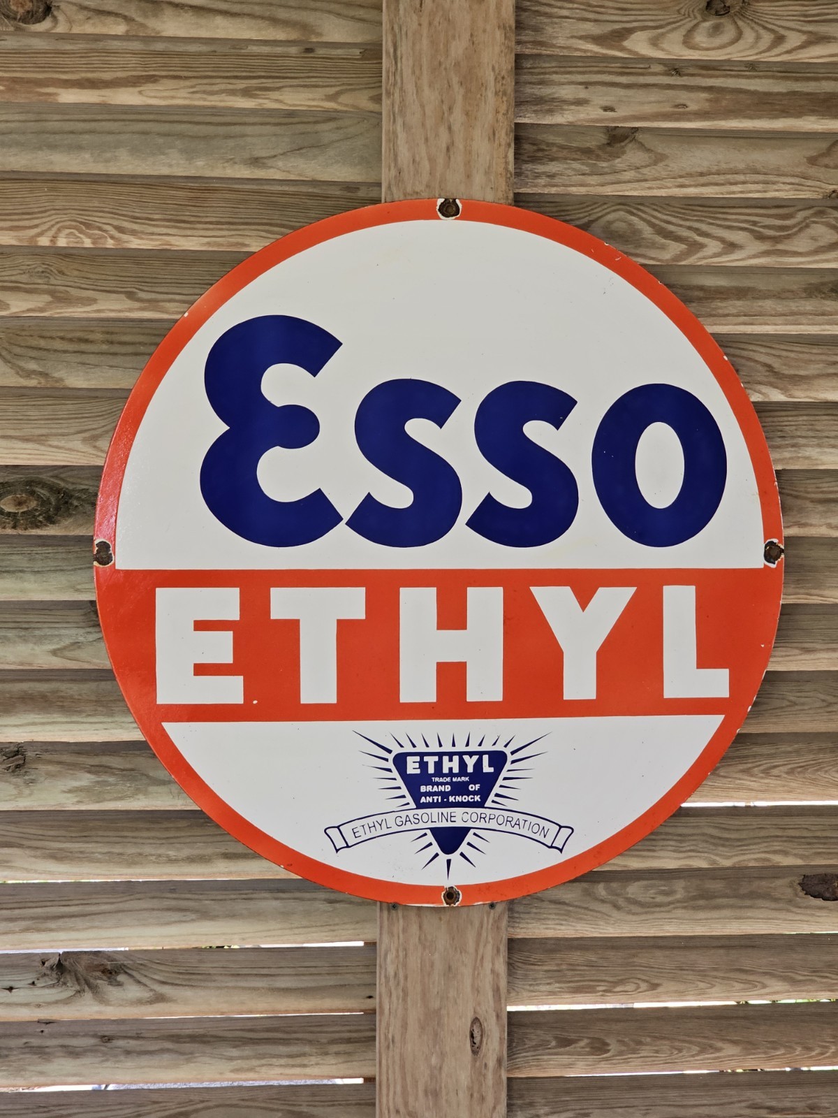 HUGE 30" VINTAGE 1950'S ESSO ETHYL PORCELAIN GAS STATION DEALERSHIP SIGN HUGE 30" VINTAGE 1950'S ESSO ETHYL PORCELAIN GAS STATION DEALERSHIP SIGN