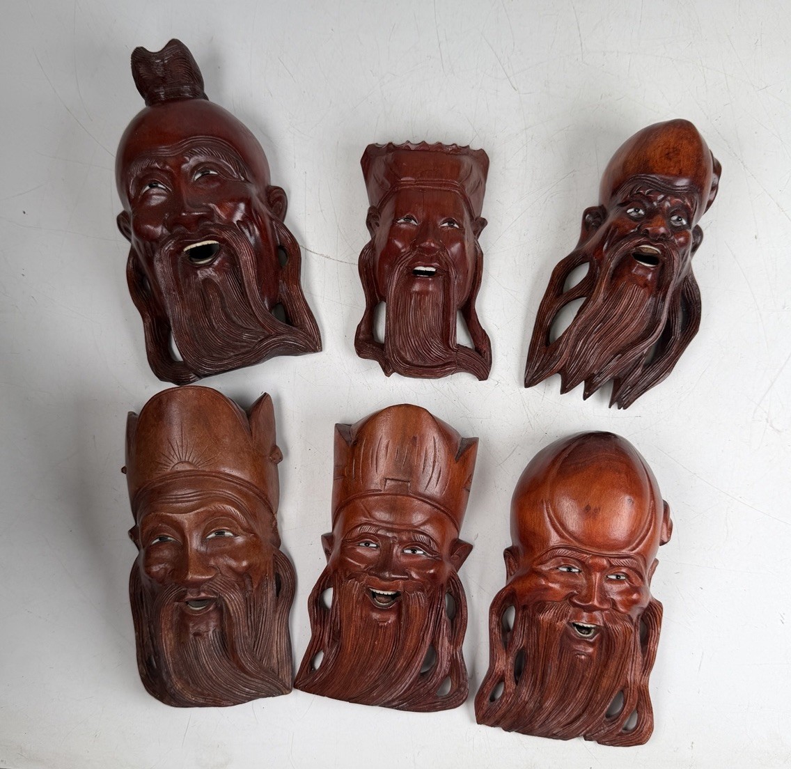 Lot of 6 Vintage Chinese Carved Wood Wise Men Face Plaques Immortals Lucky Gods