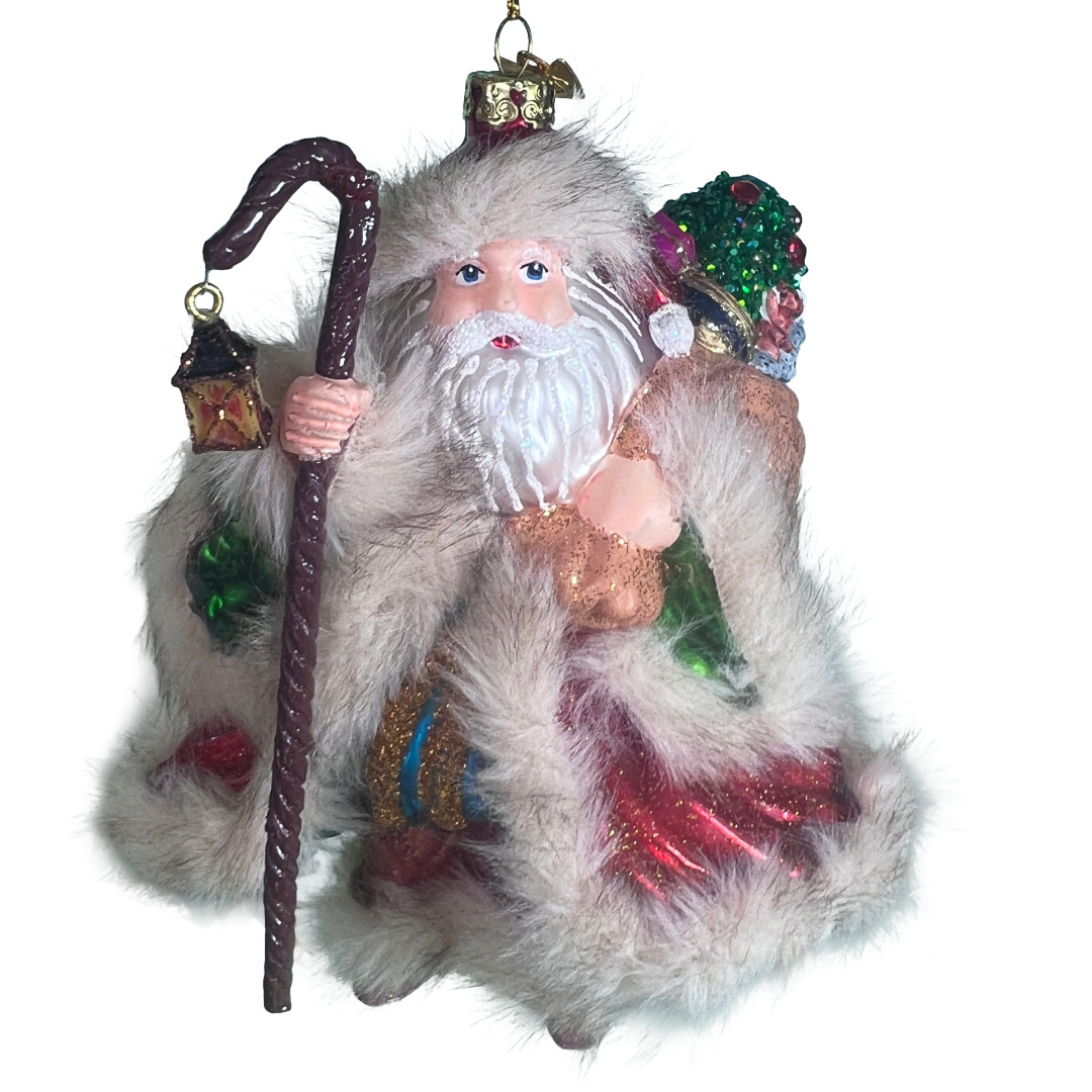 Kurt Adler Woodland Santa Glass Ornament Fur Trim Textured Staff Lantern 6" Kurt Adler Woodland Santa Glass Ornament Fur Trim Textured Staff Lantern 6"