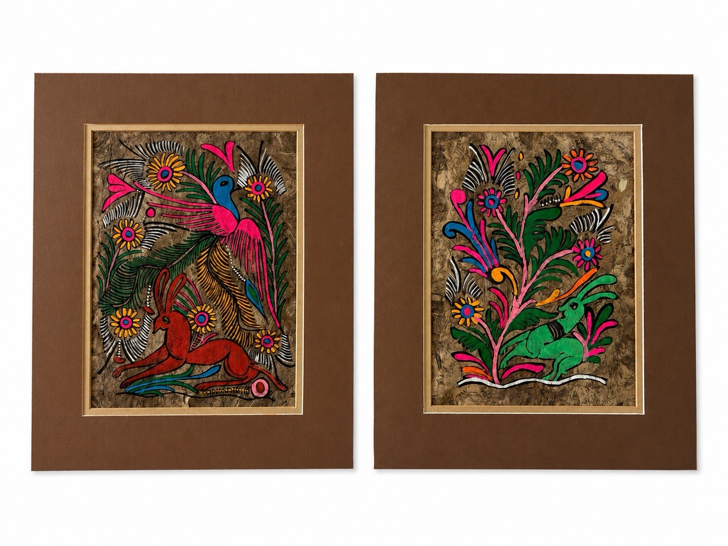 Vintage 1960s Mexican Amate Bark Paintings Pair Folk Art Rabbit Bird Floral 9x12 Vintage 1960s Mexican Amate Bark Paintings Pair Folk Art Rabbit Bird Floral 9x12
