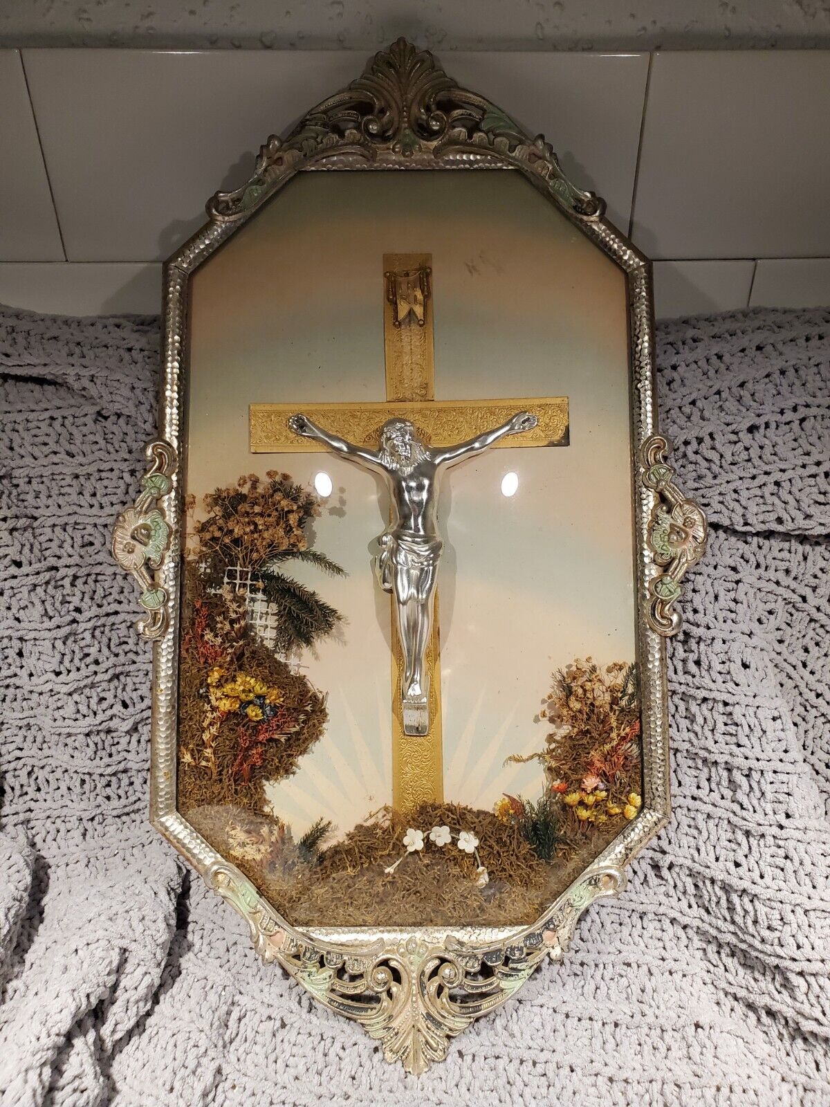 Antique- Convex Glass Crucifix With Floral Accents