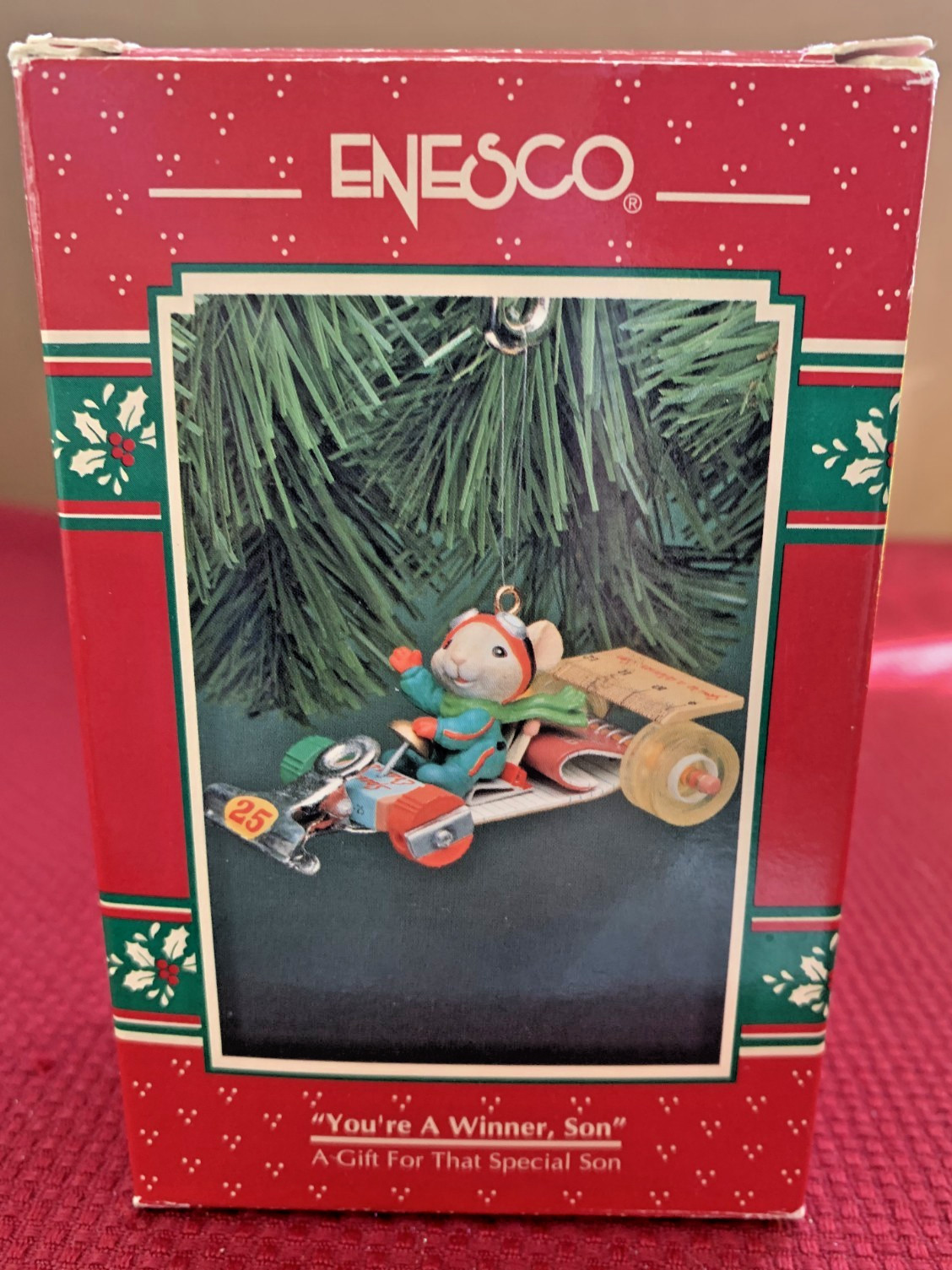 VINTAGE 1994 ENESCO "YOU'RE A WINNER, SON" CHRISTMAS ORNAMENT, RACE CAR, MOUSE