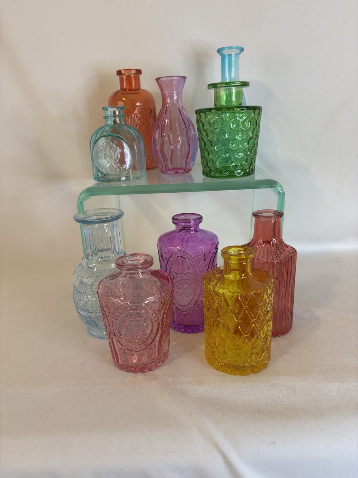 Mini Glass Bottle Set of 10 Multi-Color Bud Vases Reproduction Weaton NEW Mini Glass Bottle Set of 10 Multi-Color Bud Vases Reproduction Weaton NEW