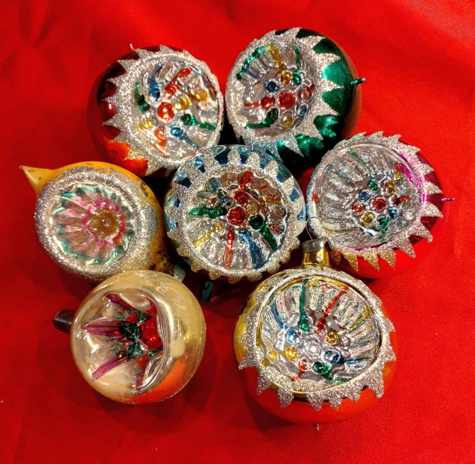 Lot of 7 Vintage Glass Indent Reflective Christmas Ornaments Lot of 7 Vintage Glass Indent Reflective Christmas Ornaments