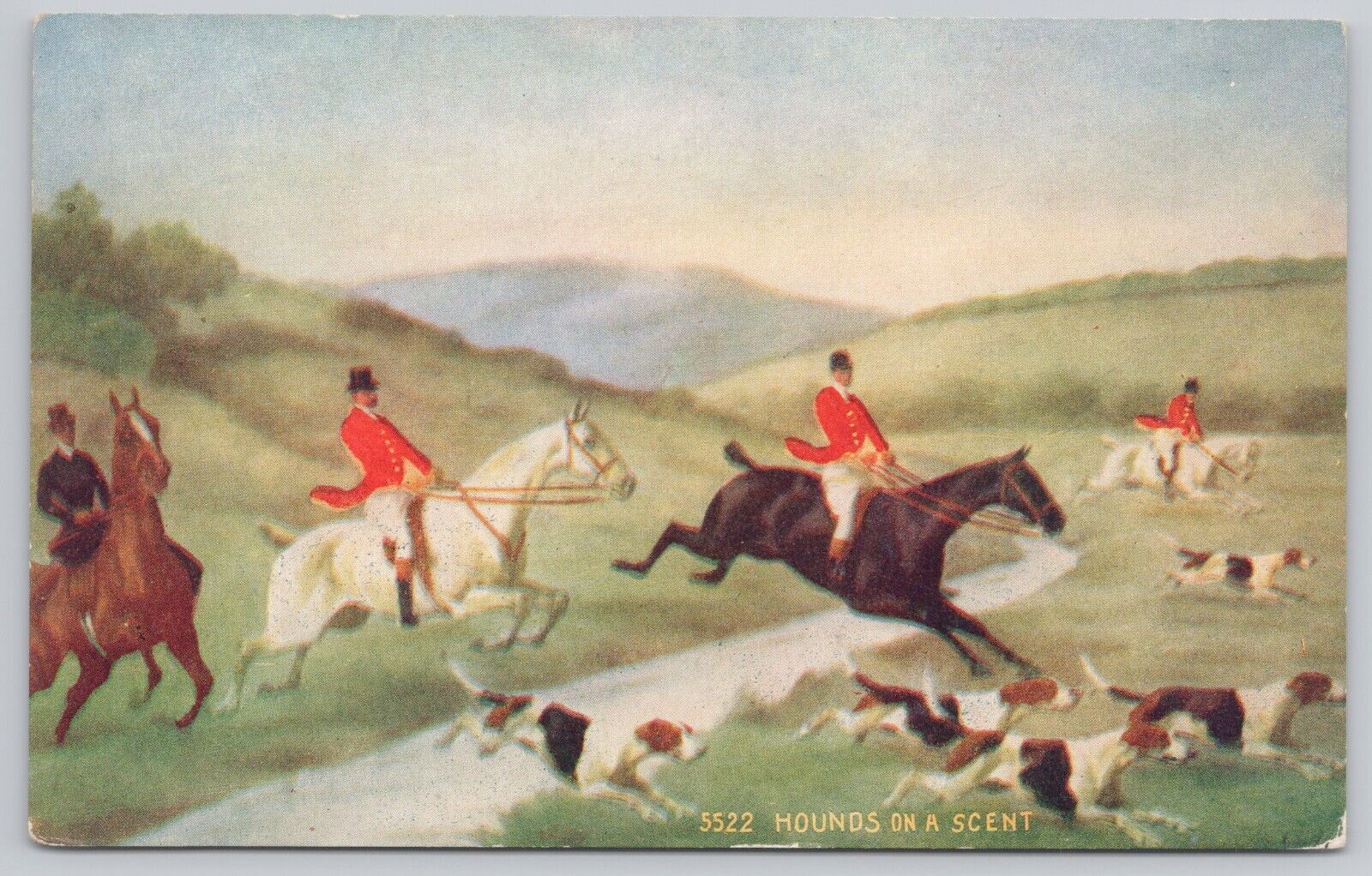 Hounds On A Scent Fox Hunt Vintage Lithograph Postcard